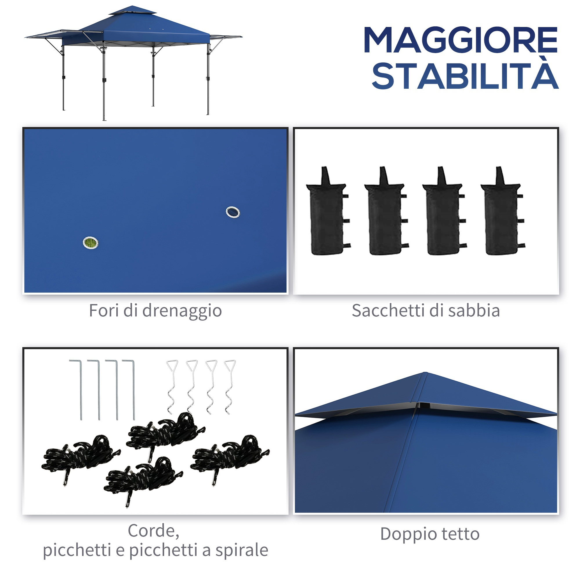 Tenda blu con quattro gambe, sacchi di sabbia, corde, picchetti e doppio tetto.