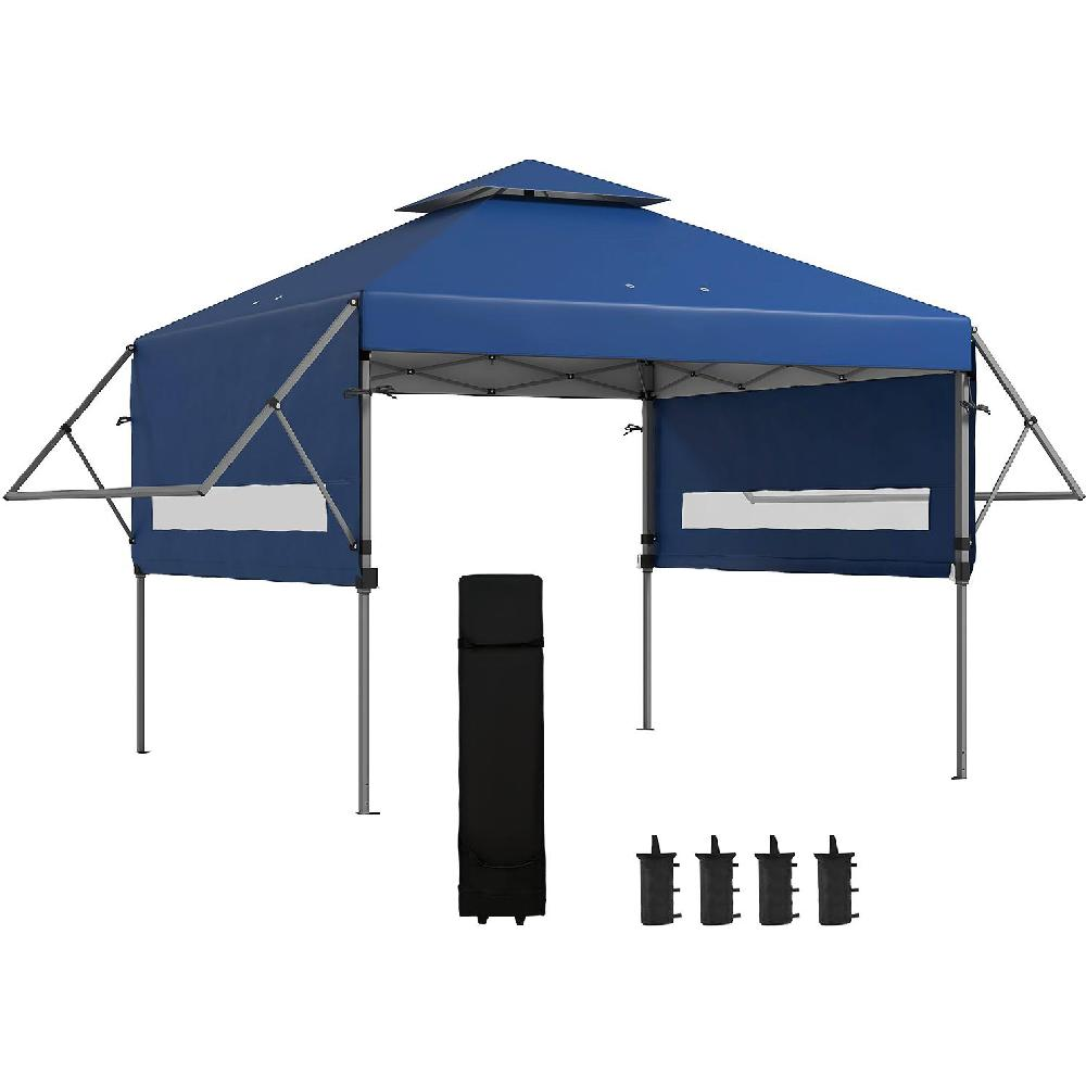 Una tenda blu sta su gambe argentate. Accanto, una borsa nera e quattro pesi.