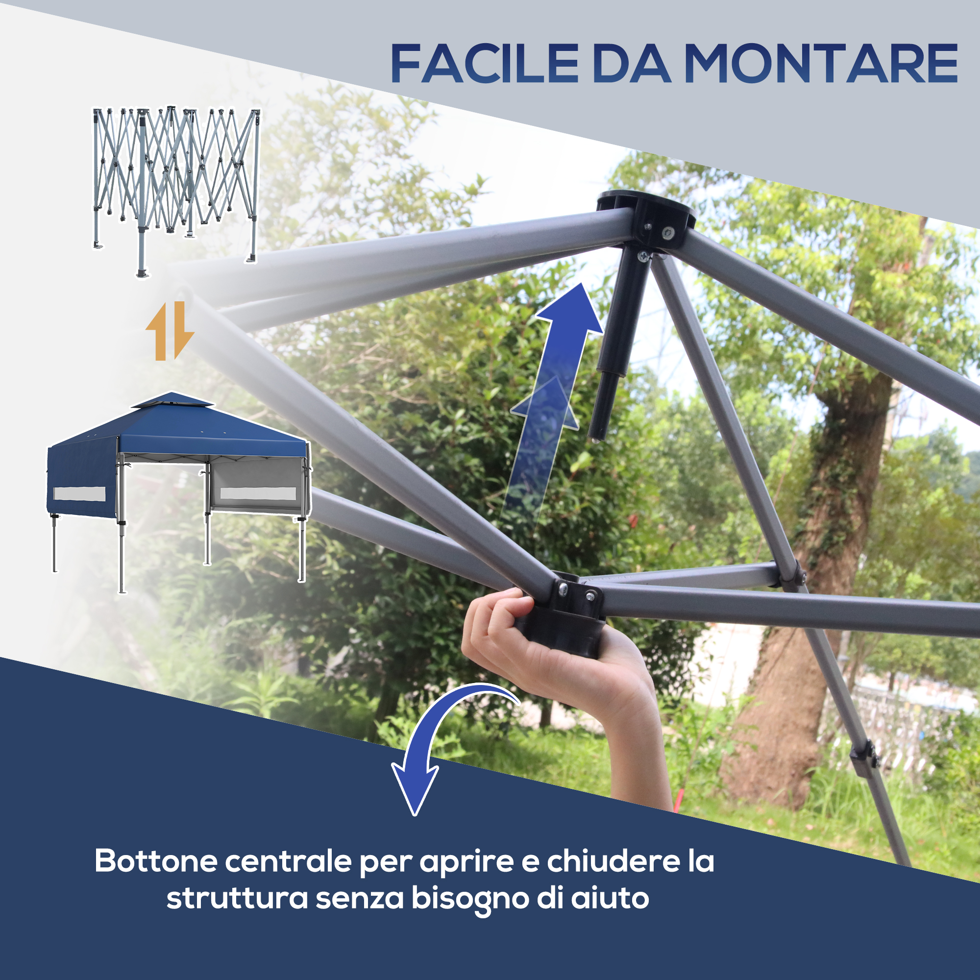 Una struttura di tenda e un baldacchino blu in fase di montaggio. Facile da montare.