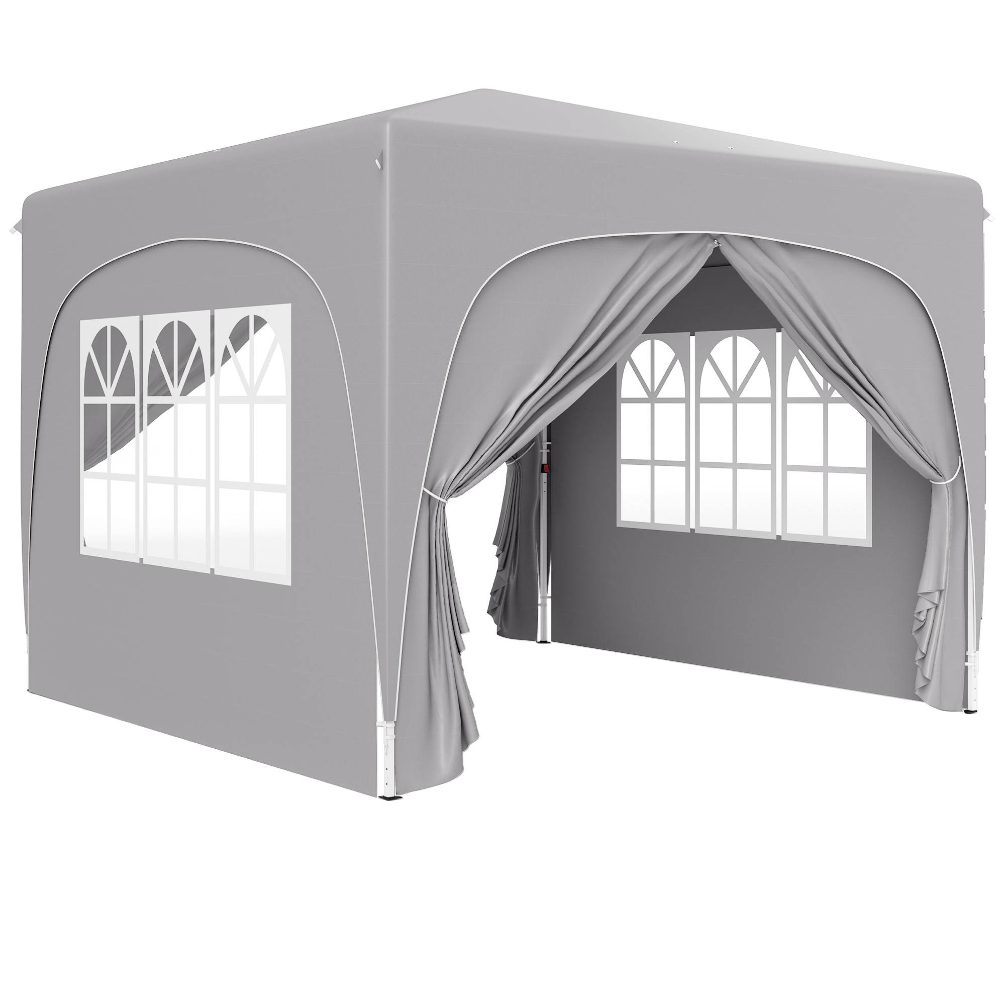 Tenda grigia con finestre e tende, su sfondo bianco.