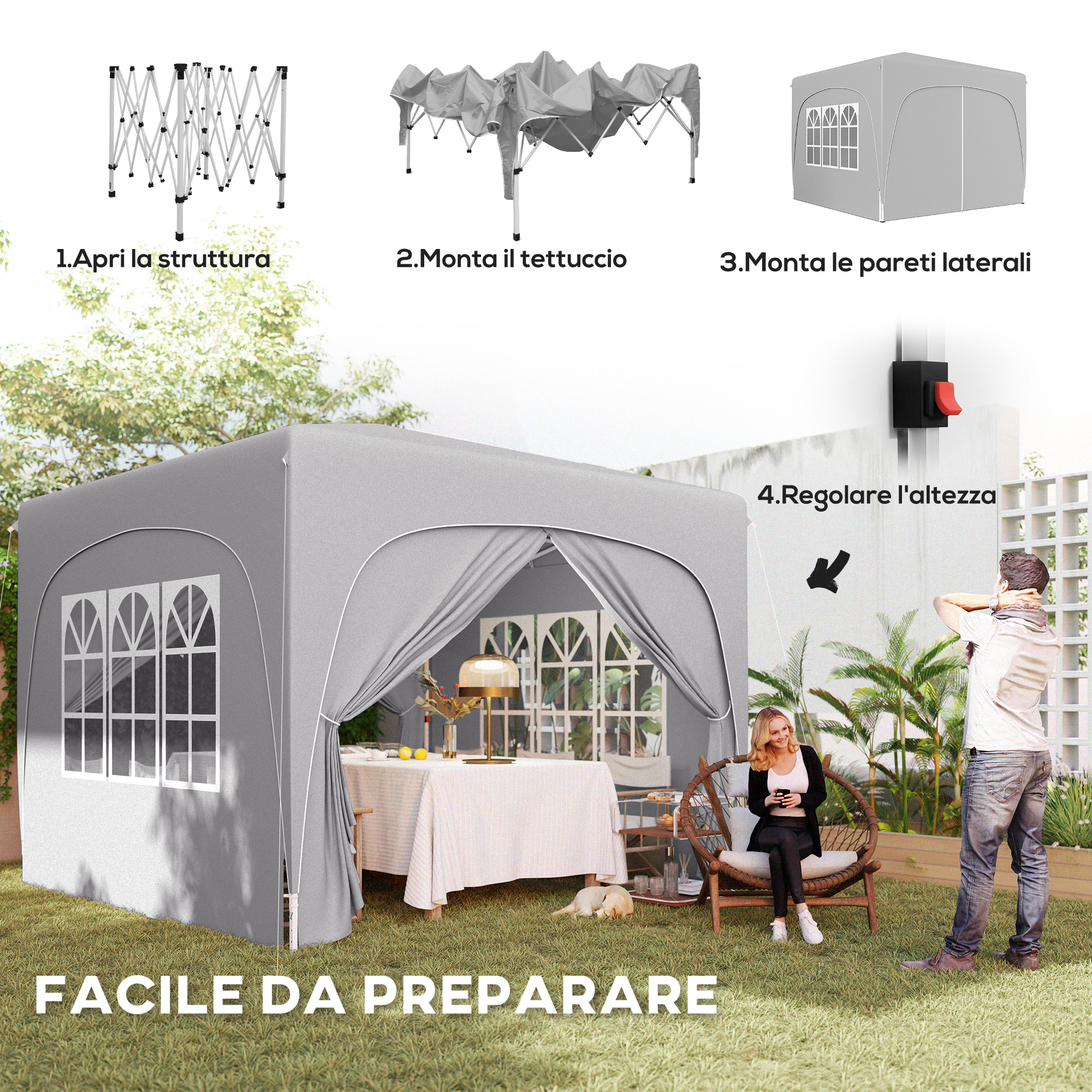 Tenda grigia con finestre, persone e mobili all'aperto, guida al montaggio passo passo.