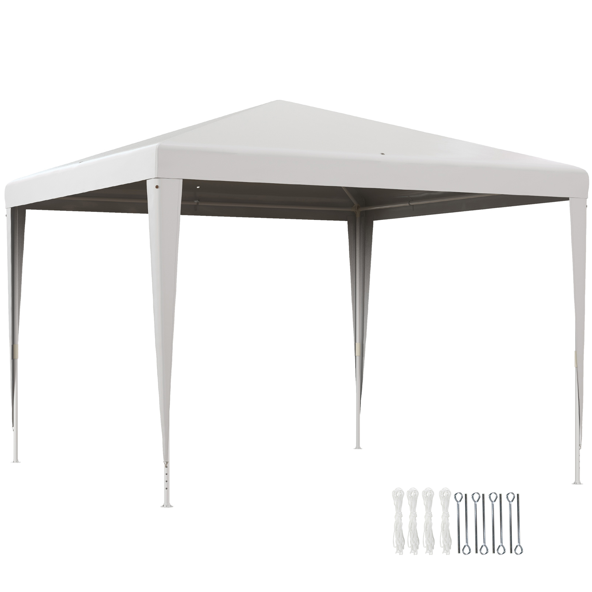 Un gazebo bianco con quattro gambe, più corde e picchetti.