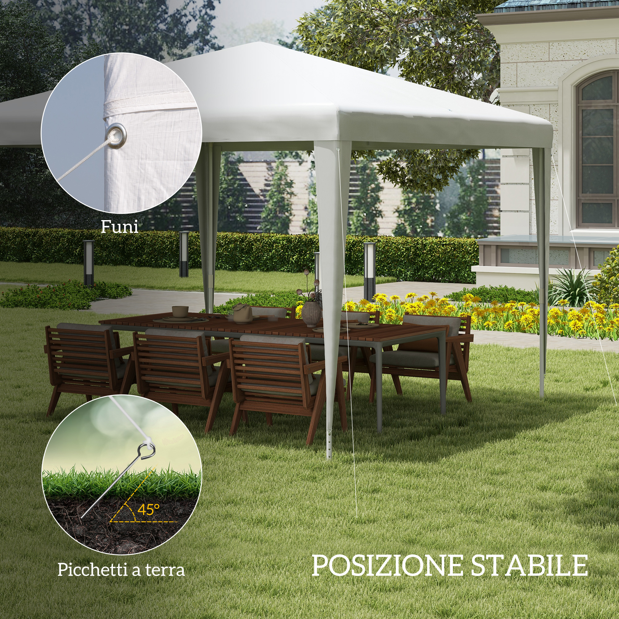 Una tenda bianca con tavolo e sedie in legno in giardino. Primo piano su corde e picchetti a terra.