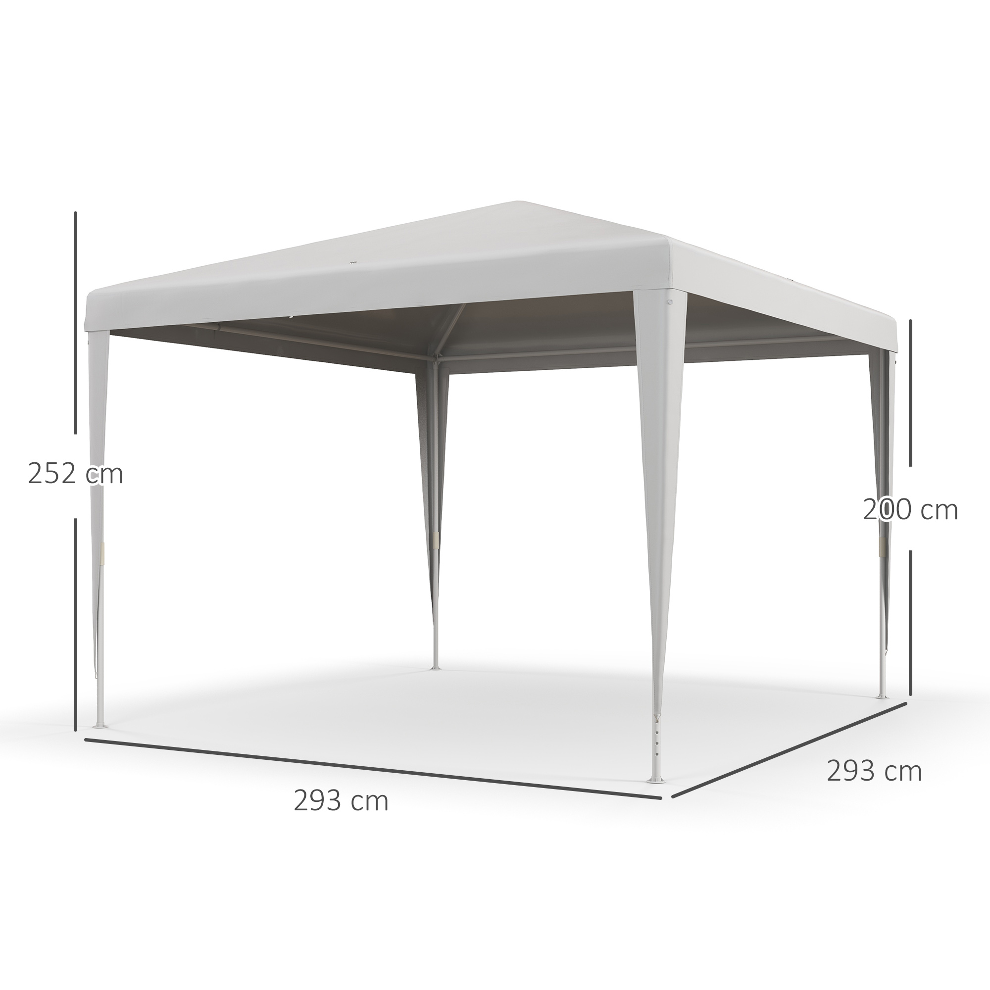 Un gazebo bianco con dimensioni: base 293x293 cm, altezza 252 cm.