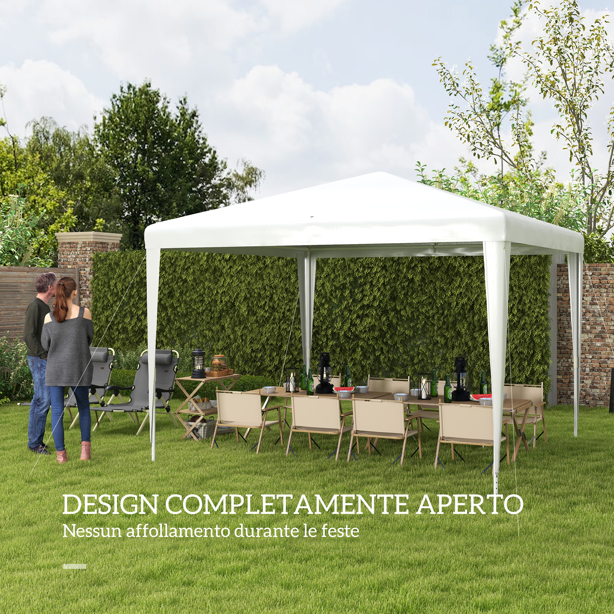 Una tenda bianca con tavolo e sedie in giardino. Due persone sono a sinistra.