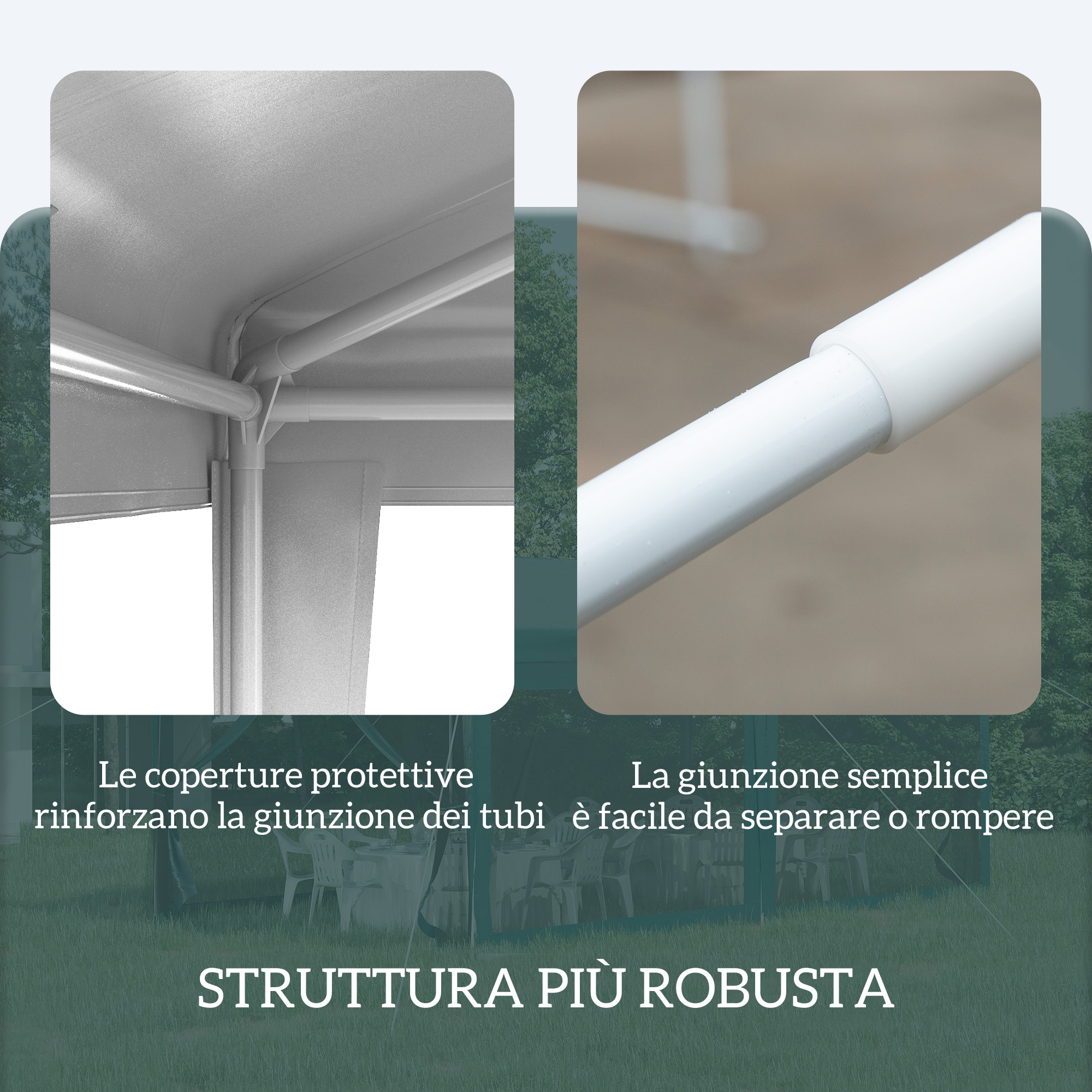 Struttura con tubi bianchi e copertura in tessuto all'esterno.
