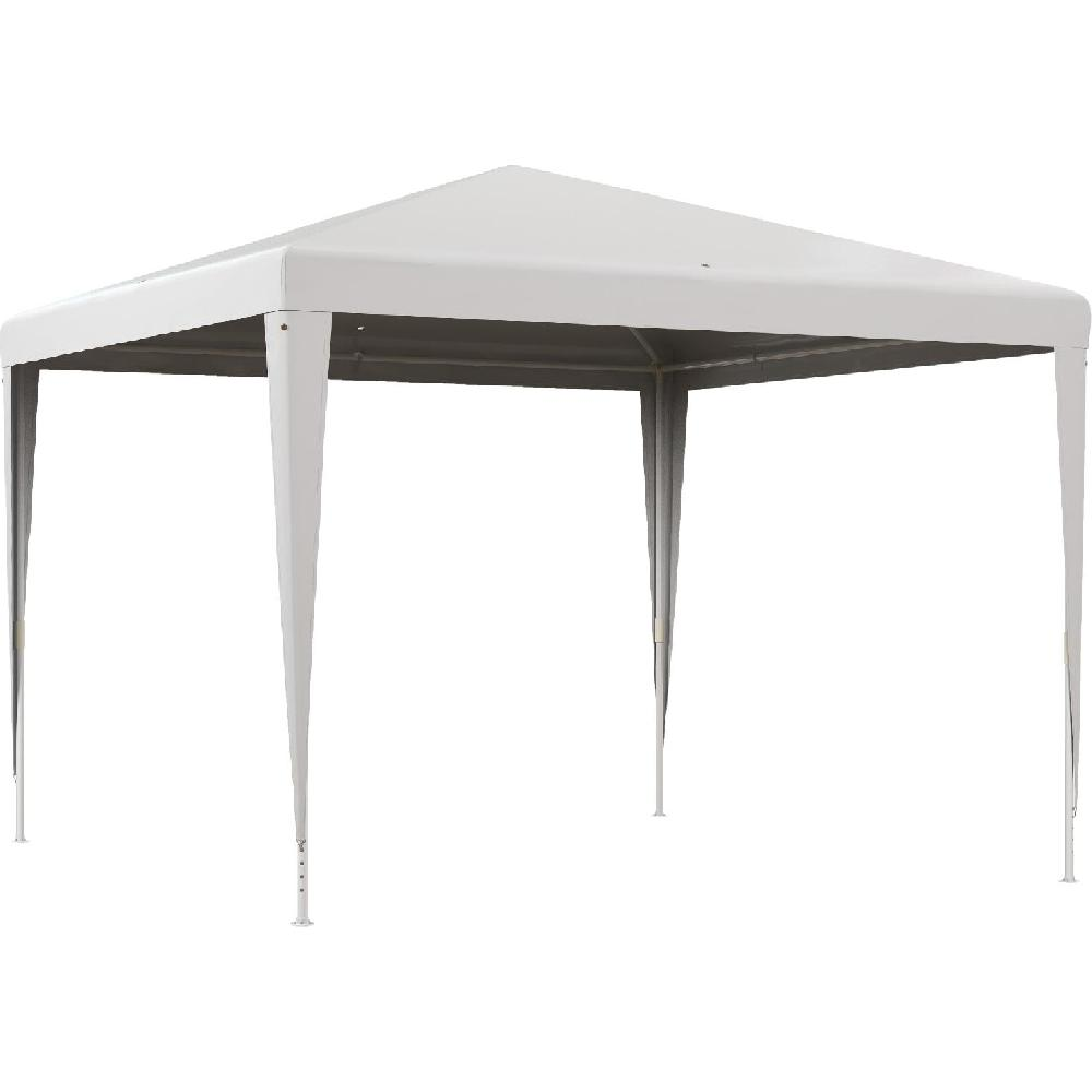 Una tenda bianca a quattro gambe con tetto a falde si erge su sfondo bianco.