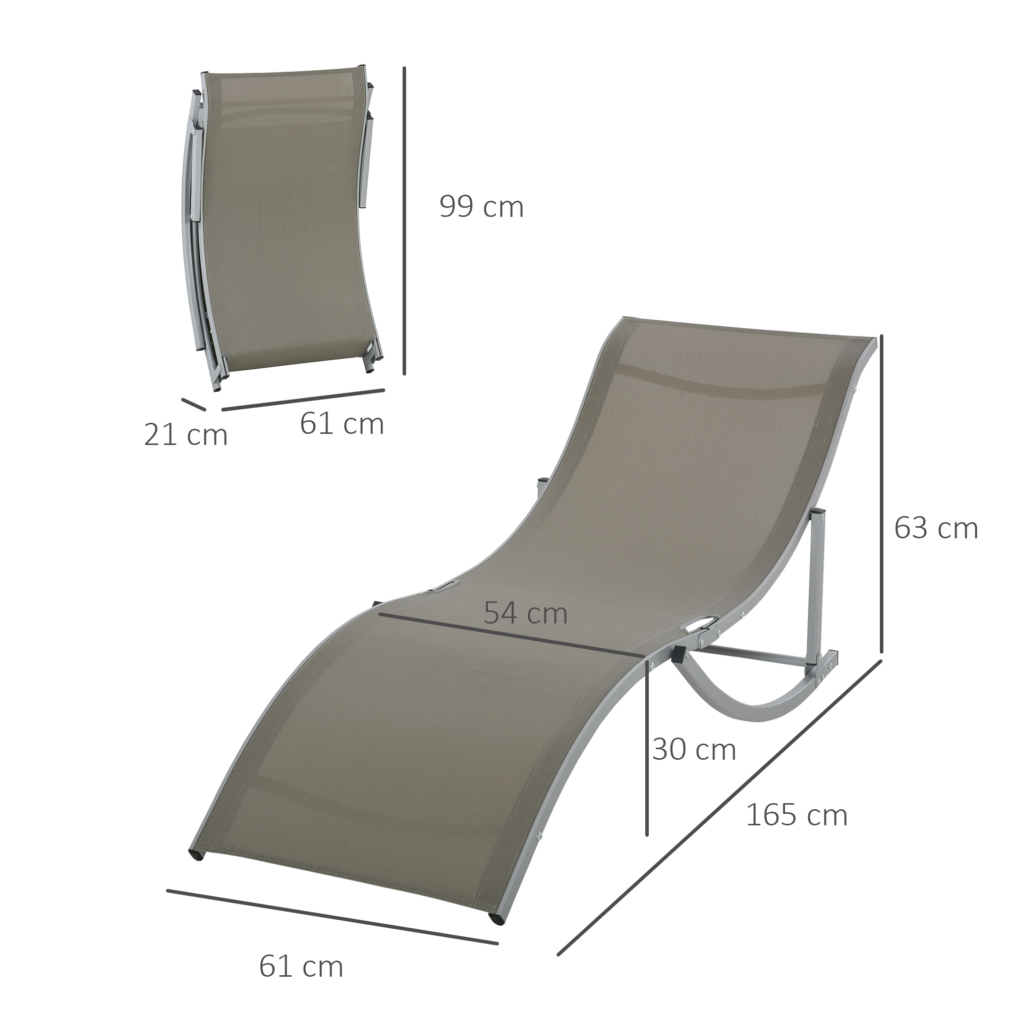 Sdraio grigio con dimensioni: 165x61x63 cm. Piegato: 99x61x21 cm.