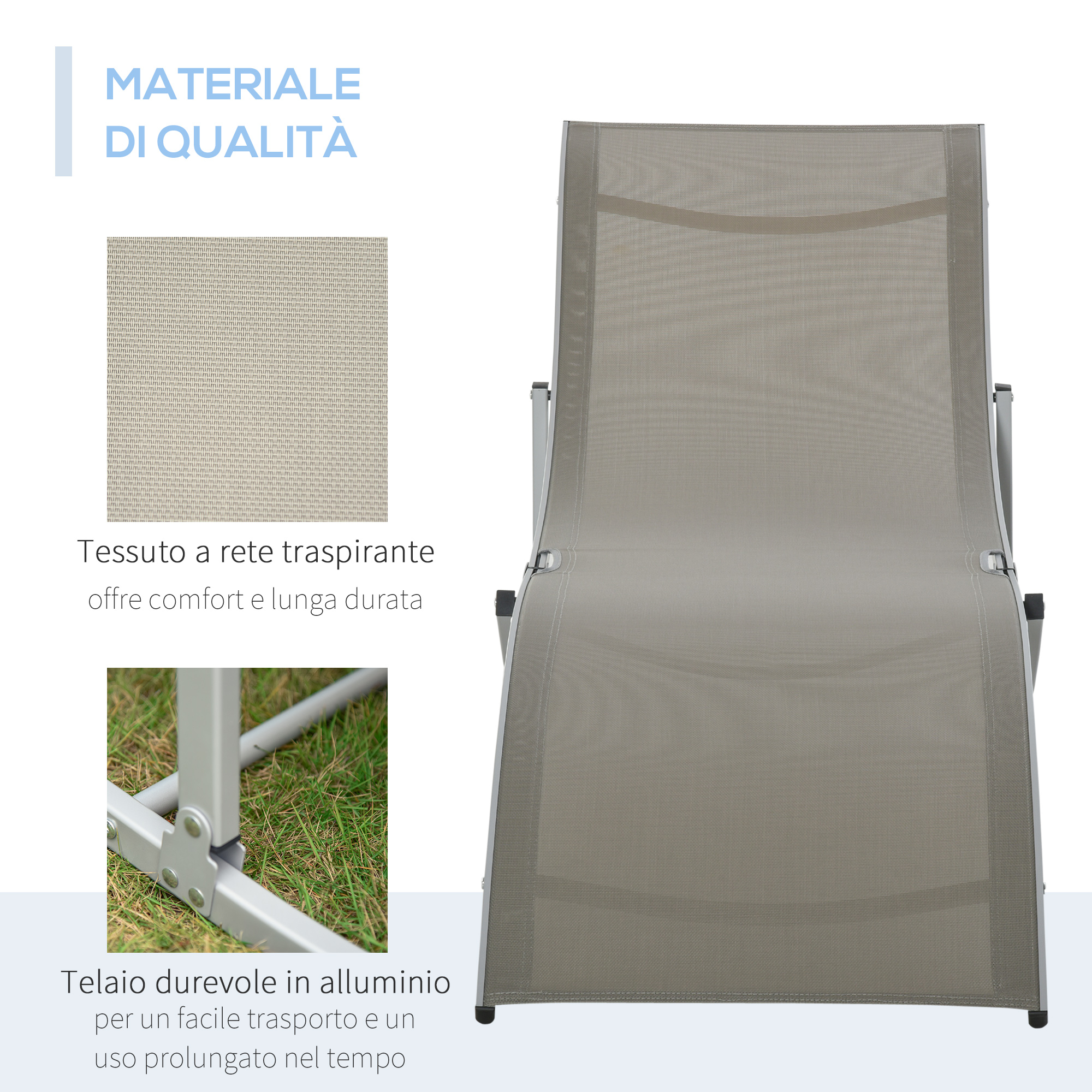 Sdraio grigio in alluminio con tessuto a rete traspirante. Dettagli di tessuto e telaio.