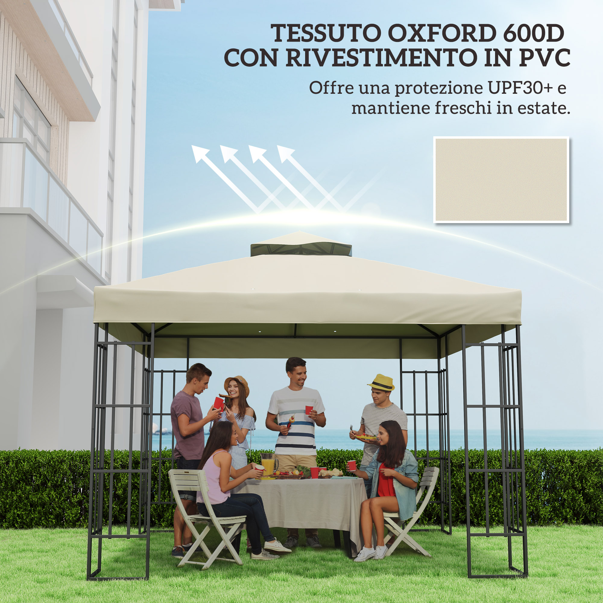 Persone festeggiano sotto un gazebo all'aperto con bevande e cibo.