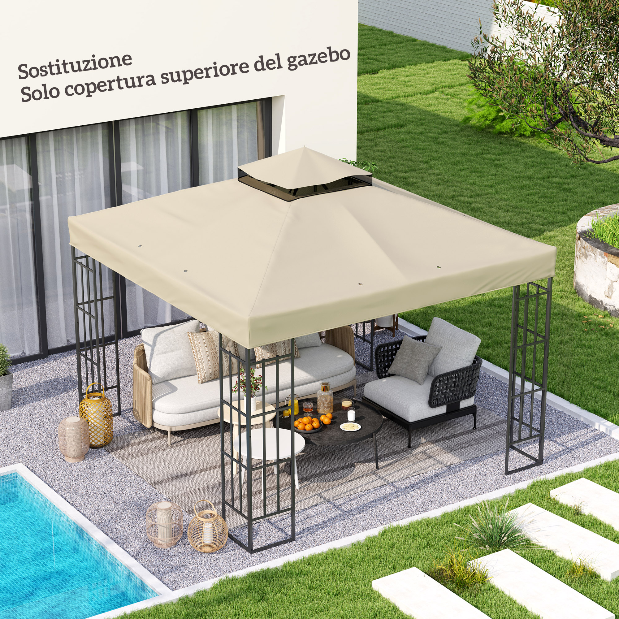 Un gazebo beige con posti a sedere e una piscina in giardino.
