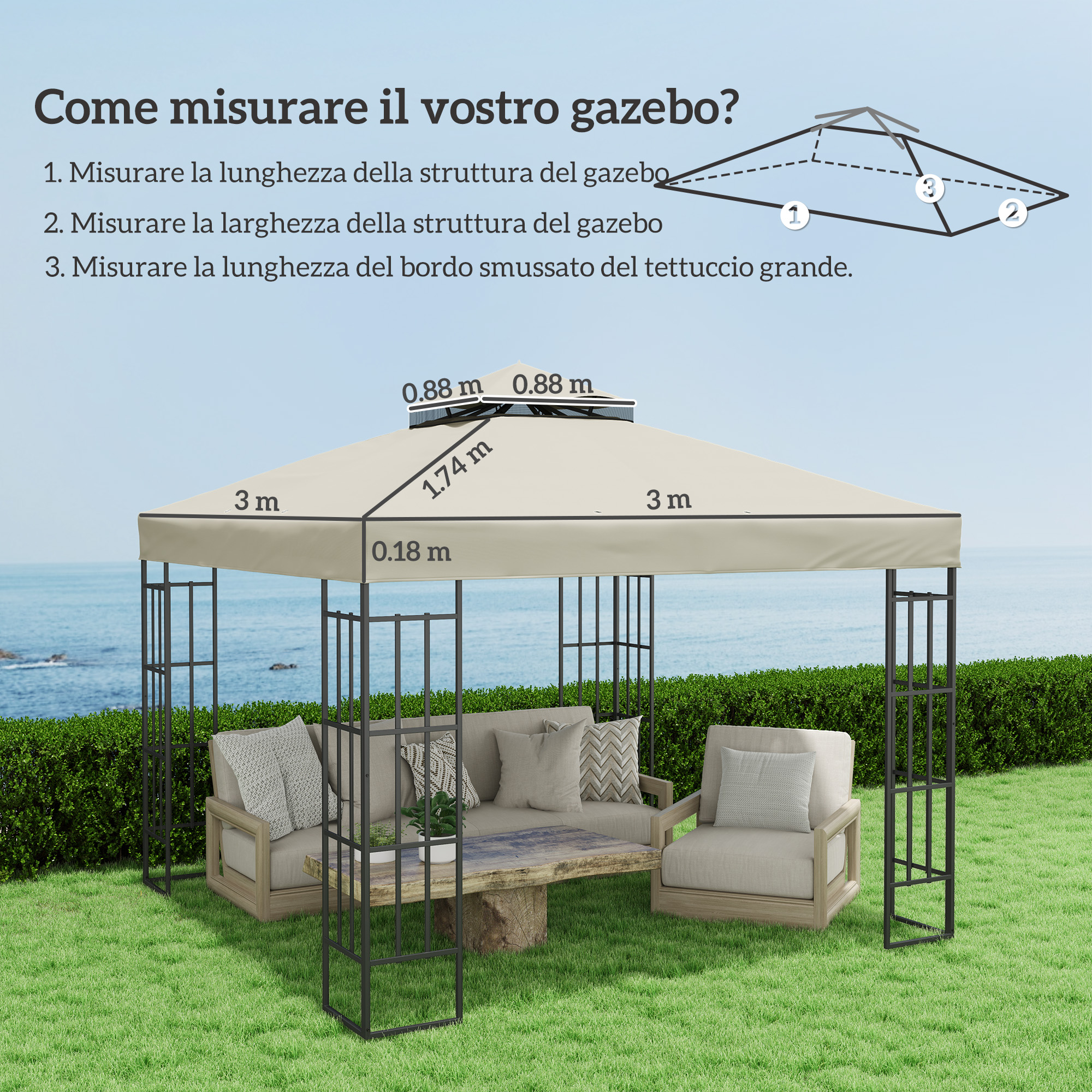 Un gazebo beige con mobili in un giardino sul mare.