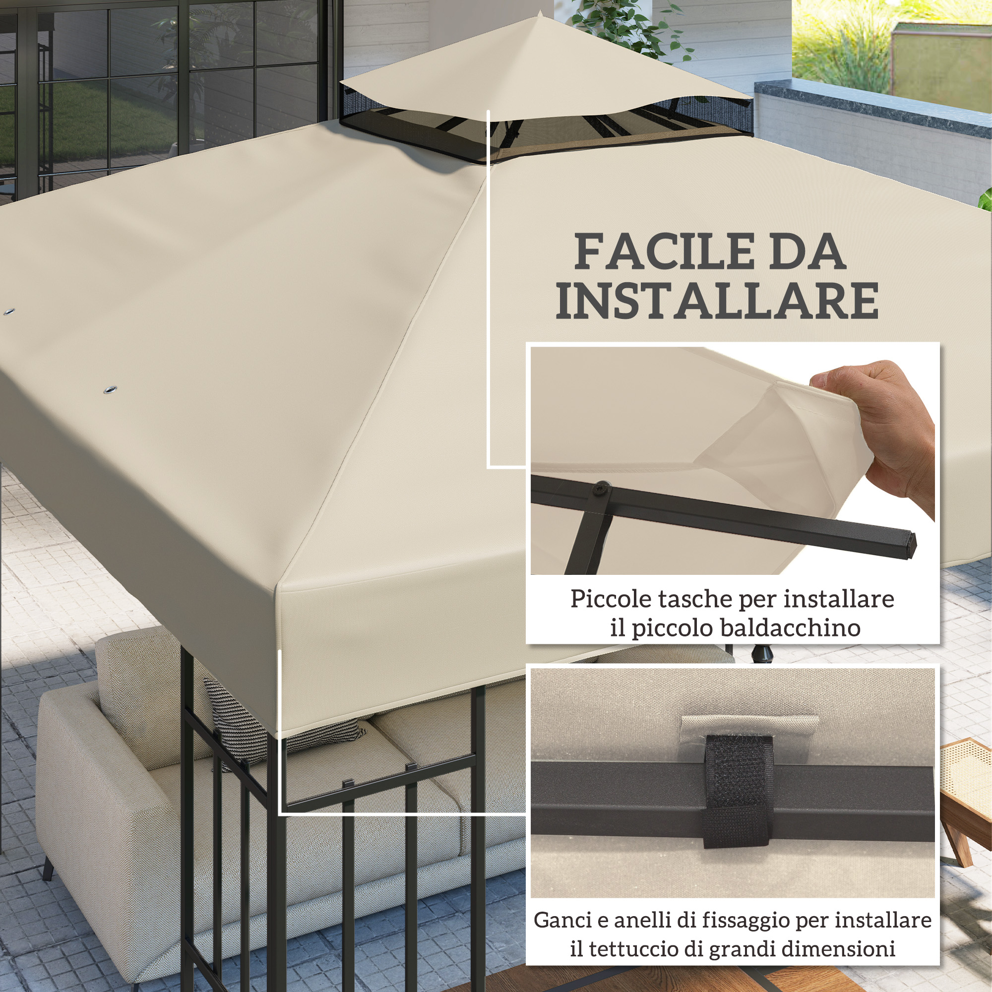 Un gazebo beige con istruzioni dettagliate per l'installazione.