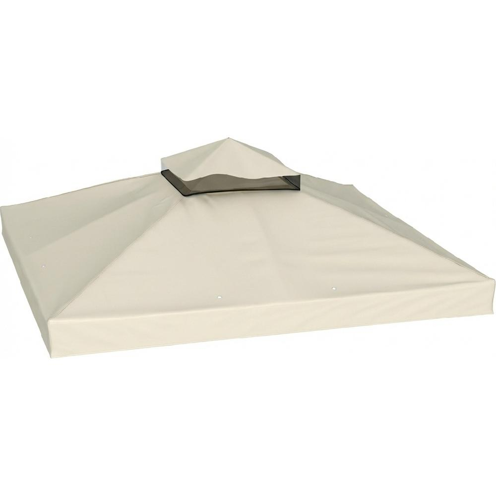 Una copertura per gazebo color crema con un tetto superiore più piccolo e finiture nere.