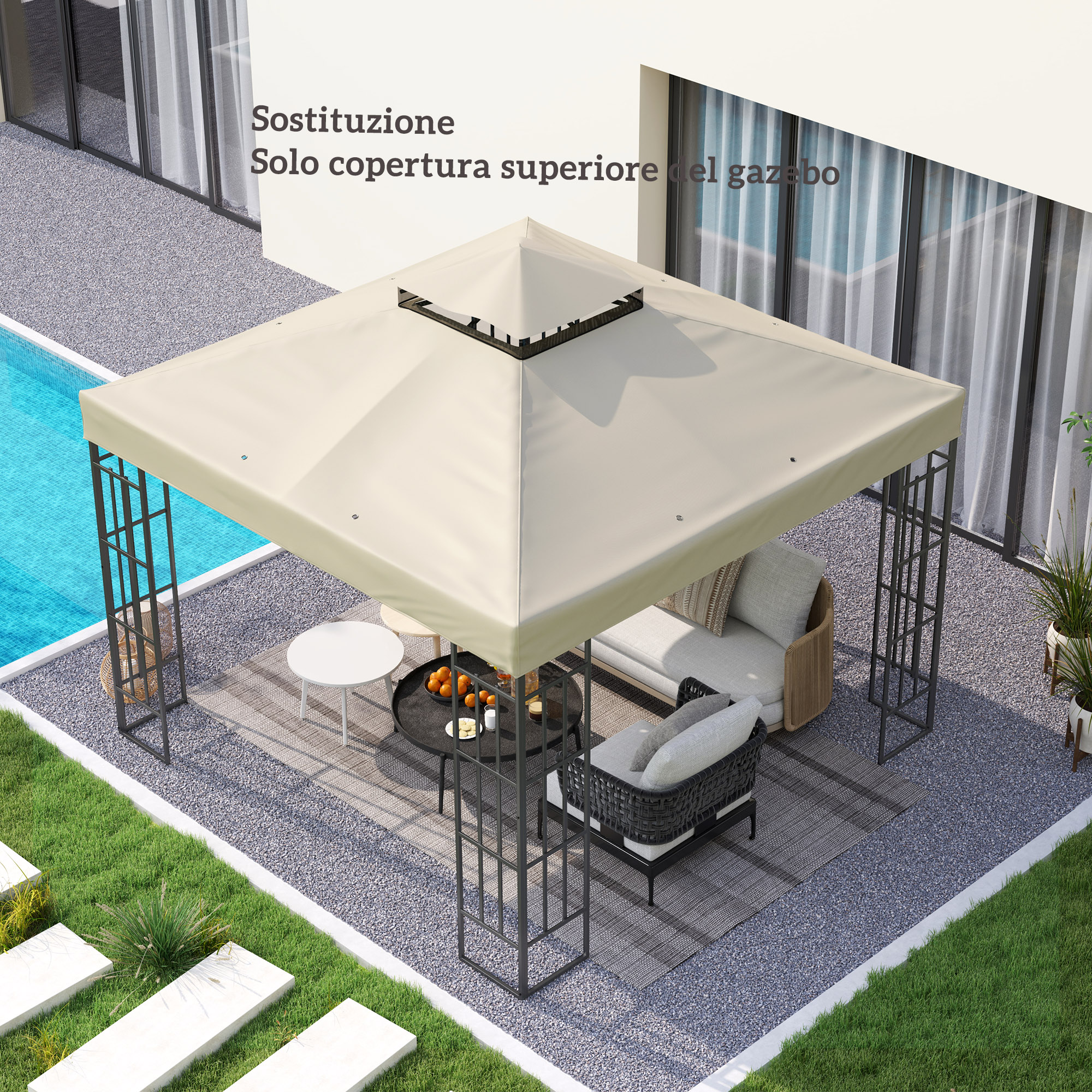 Un gazebo beige con sedute e tavolo accanto a una piscina.