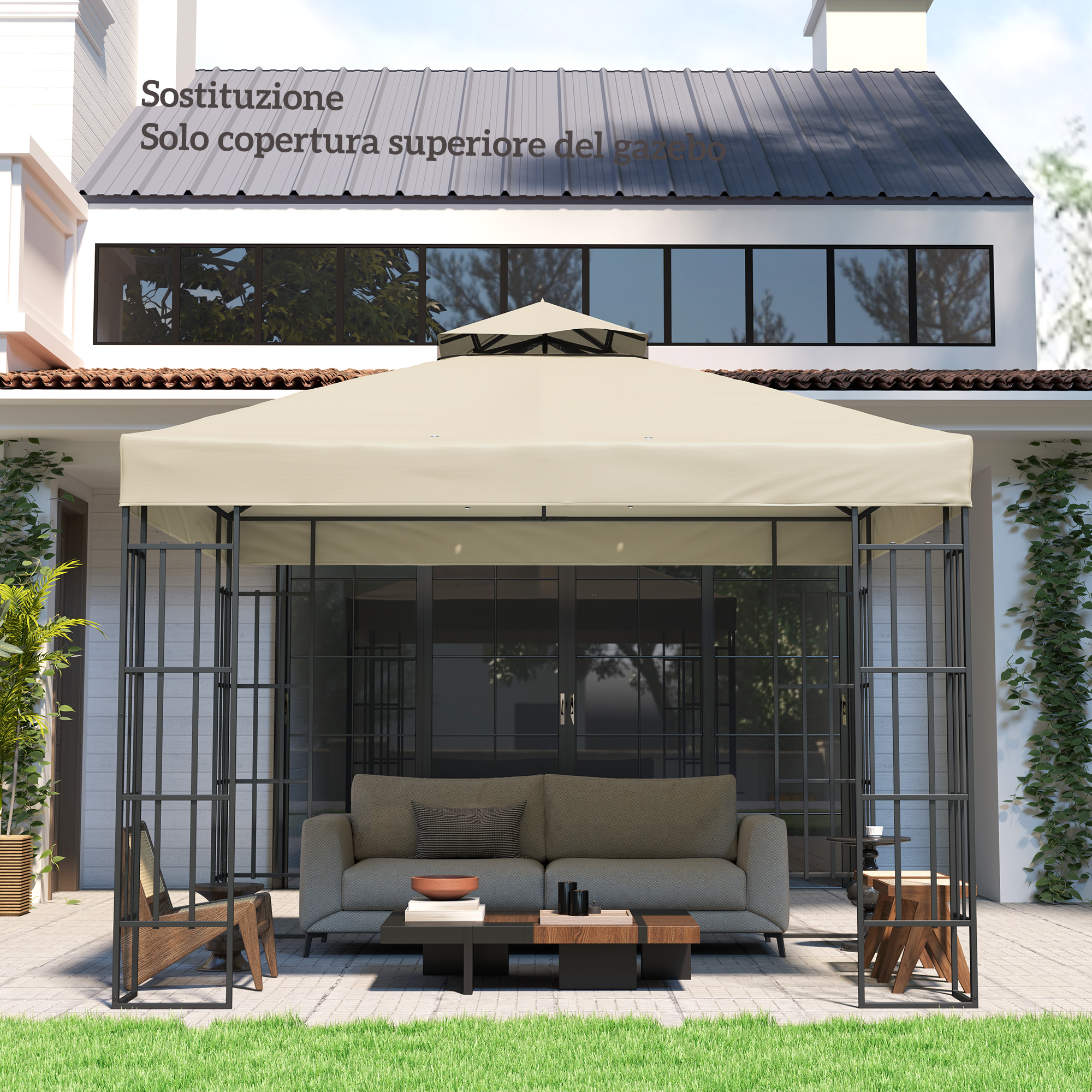 Una copertura color crema per gazebo sovrasta un divano e un tavolino su un patio pavimentato.