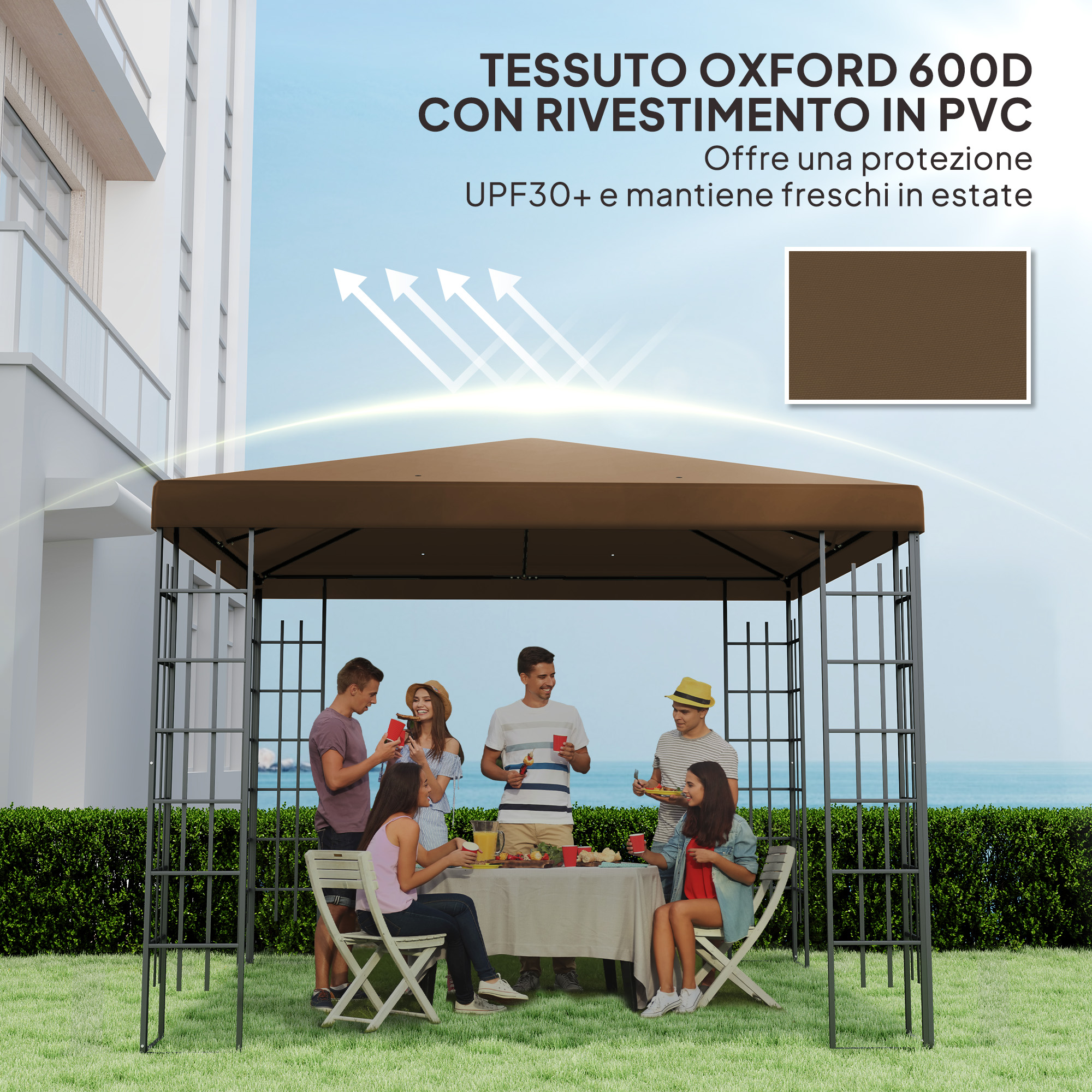 Persone fanno un picnic sotto un gazebo marrone in un giardino con vista mare.