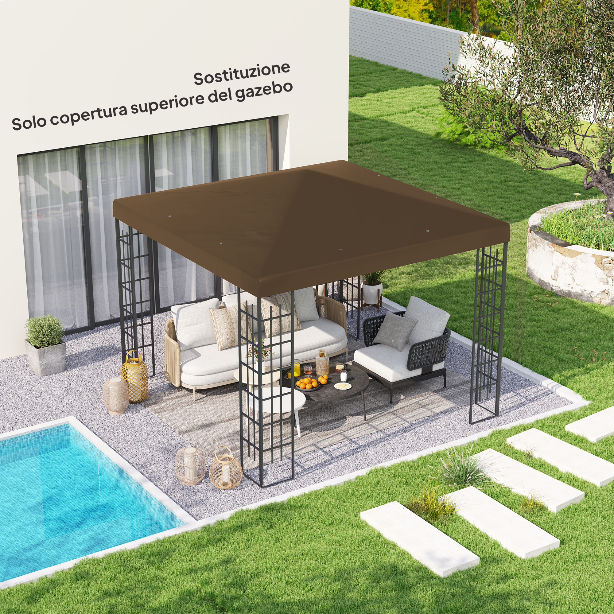 Un tetto marrone per gazebo sopra un'area salotto vicino a piscina e giardino.