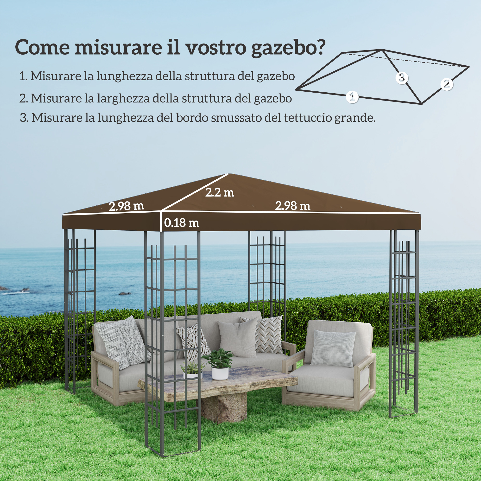 Un gazebo marrone con mobili da esterno, sono indicate le misure.