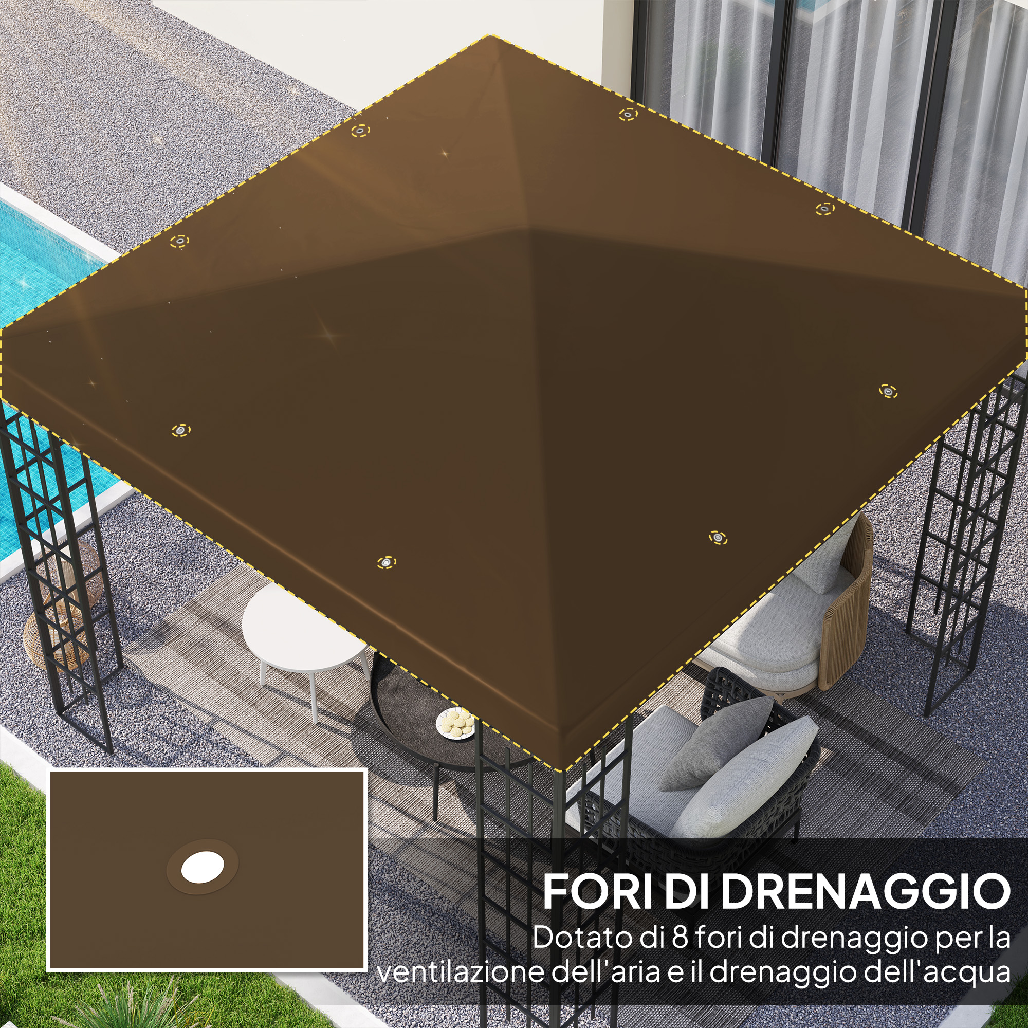 Tenda marrone con pali in metallo su mobili da giardino, piscina e ghiaia.