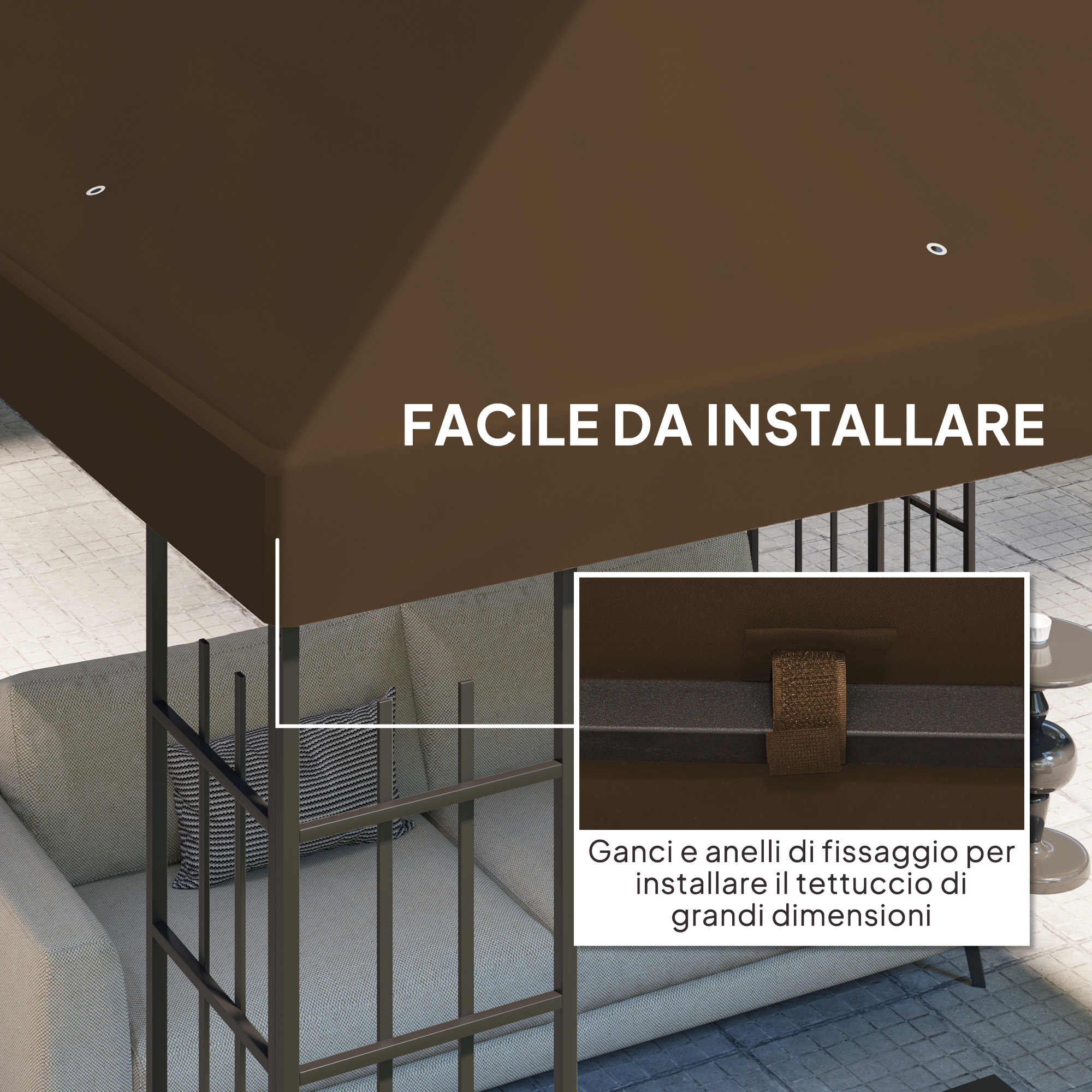 Tettoia marrone con ganci e anelli di fissaggio, facile da installare.