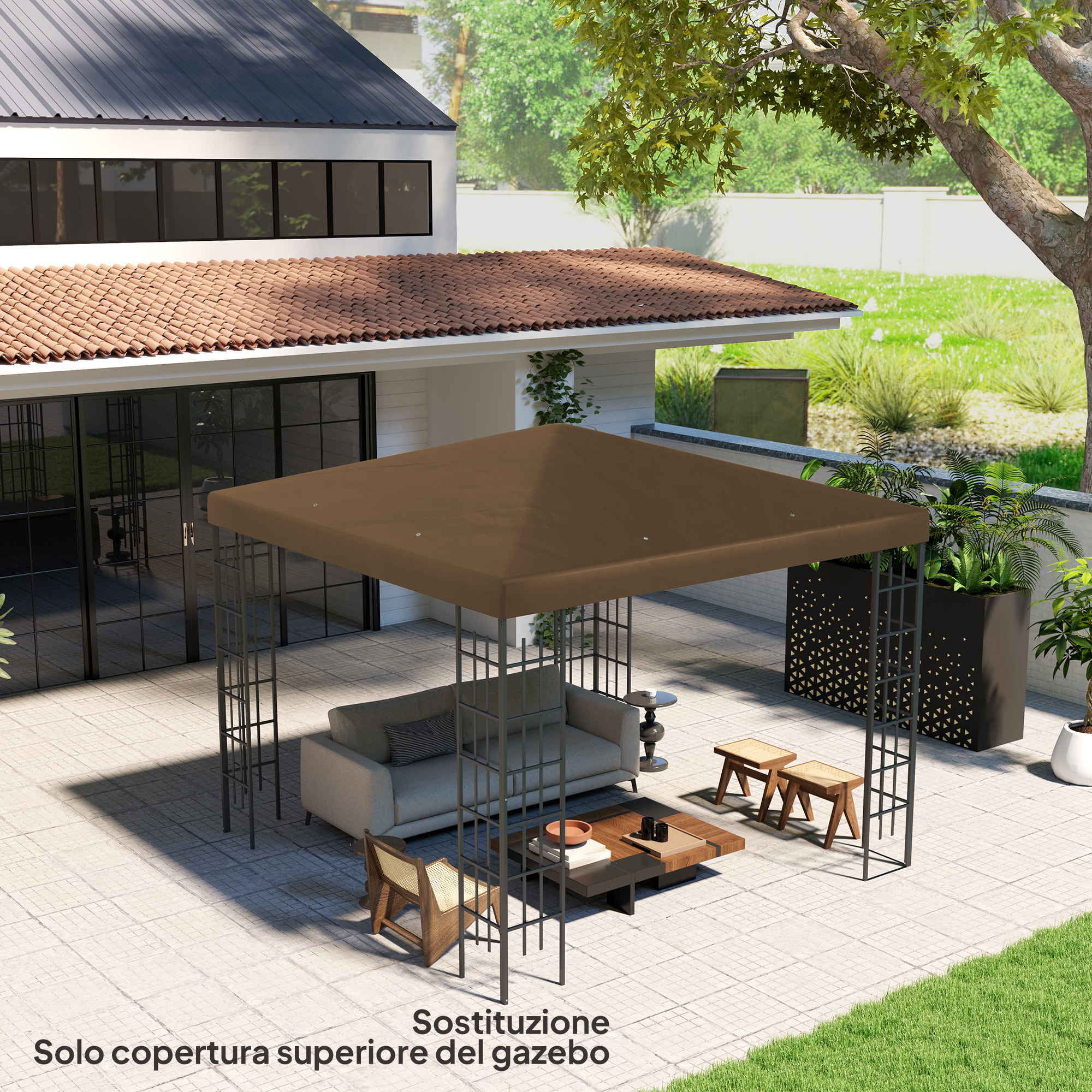 Un tetto marrone per gazebo sopra un divano e tavolino su un patio.