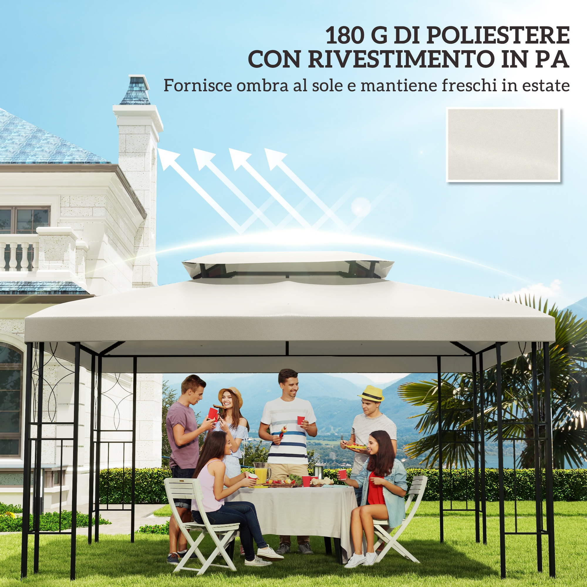 Persone che fanno un picnic sotto un gazebo in giardino, con una casa sullo sfondo.