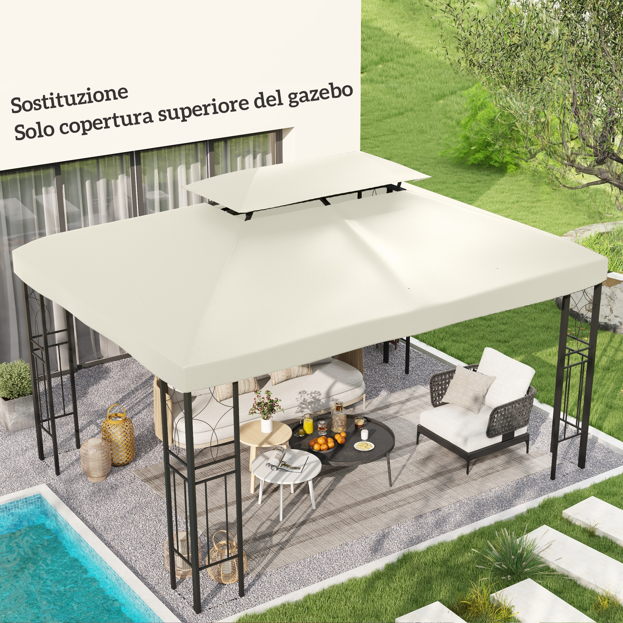 Un gazebo beige con posti a sedere e tavoli all'aperto vicino a una piscina.