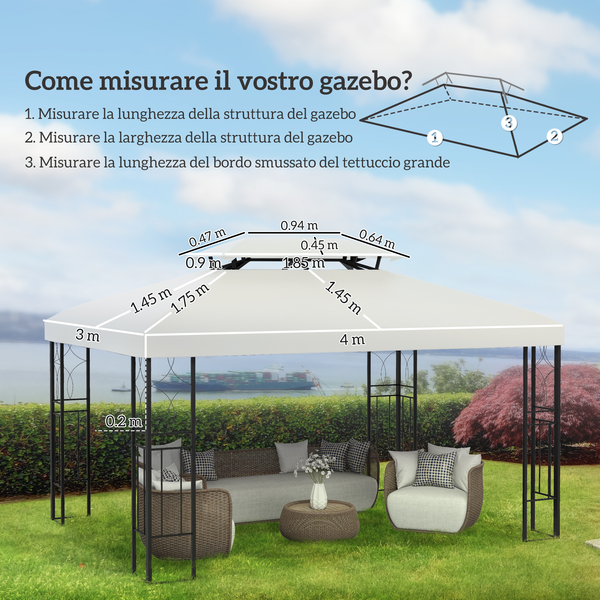 Un gazebo bianco con misure, mobili da giardino e vista su un porto container.