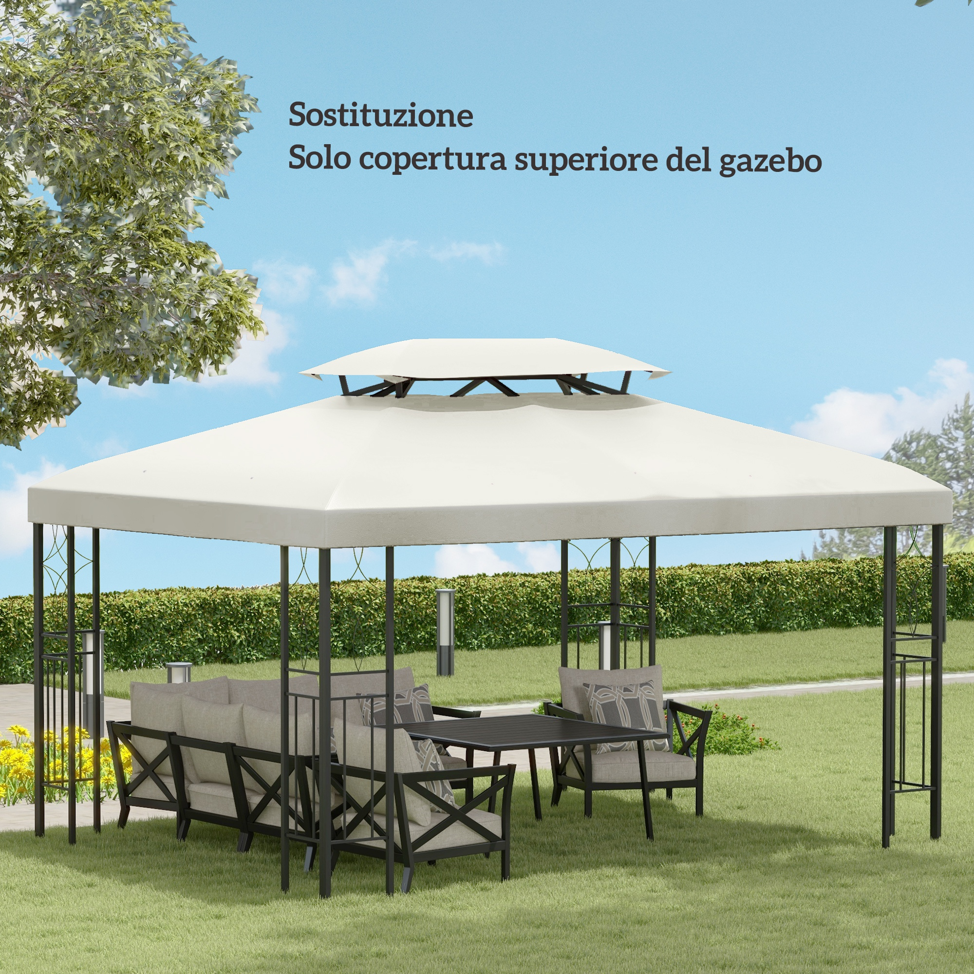 Un gazebo beige con posti a sedere in un giardino.