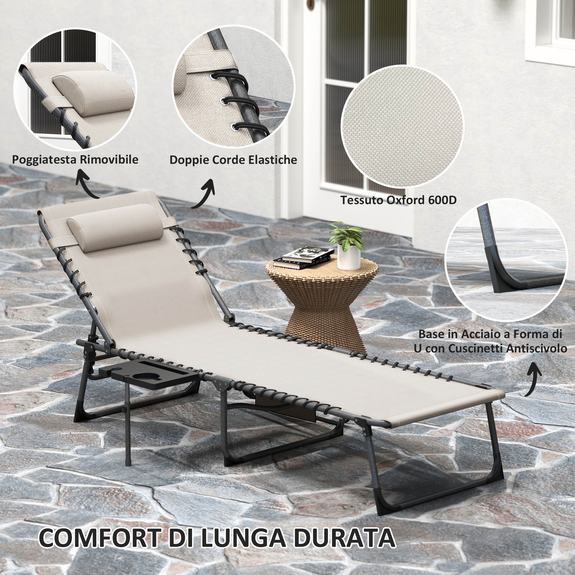 Una sdraio color tortora con poggiatesta rimovibile e portabicchieri su patio in pietra.