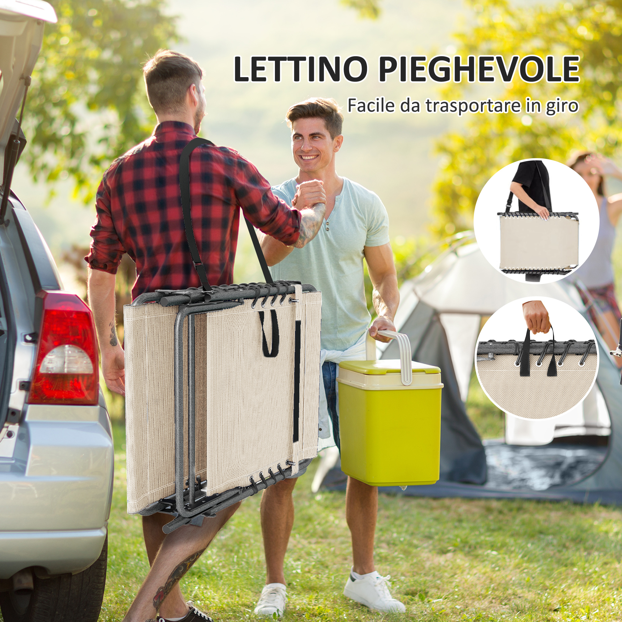 Due uomini caricano un lettino pieghevole beige vicino a un'auto e un frigorifero.