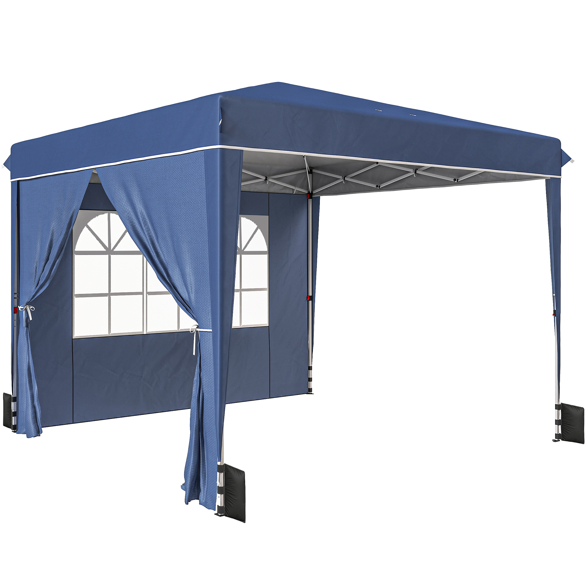 Una tenda pop-up blu scuro con finestre ad arco e lati drappeggiati.
