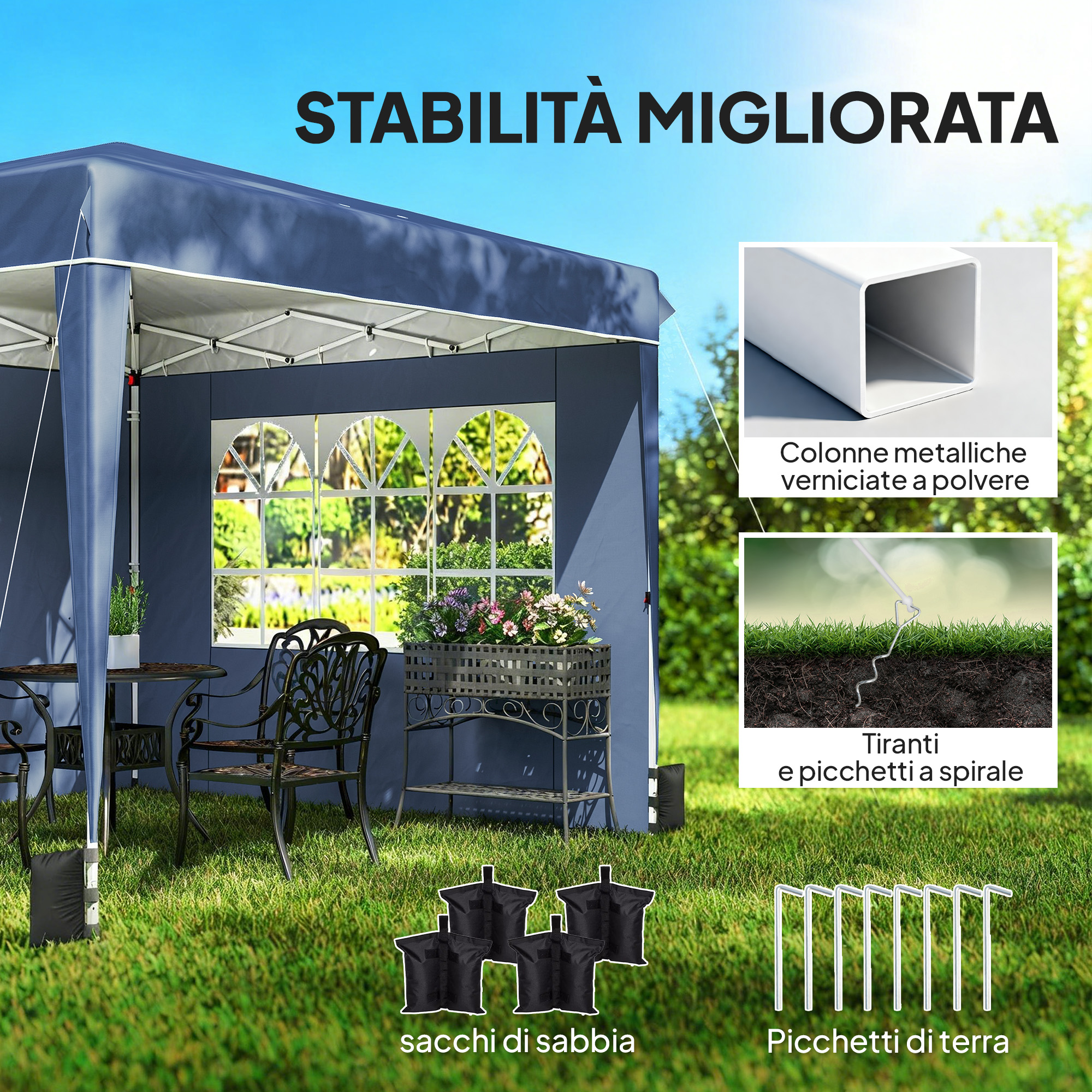Un gazebo blu con mobili da giardino, sacchi e picchetti.