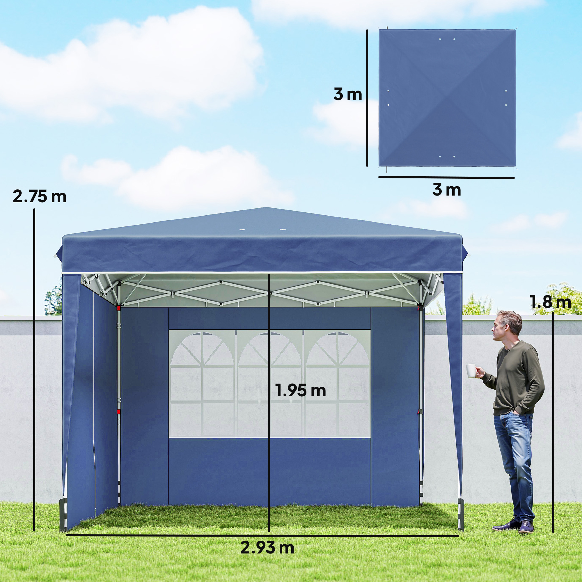 Un gazebo blu con telaio bianco sull'erba. Dimensioni indicate. Un uomo tiene una tazza.