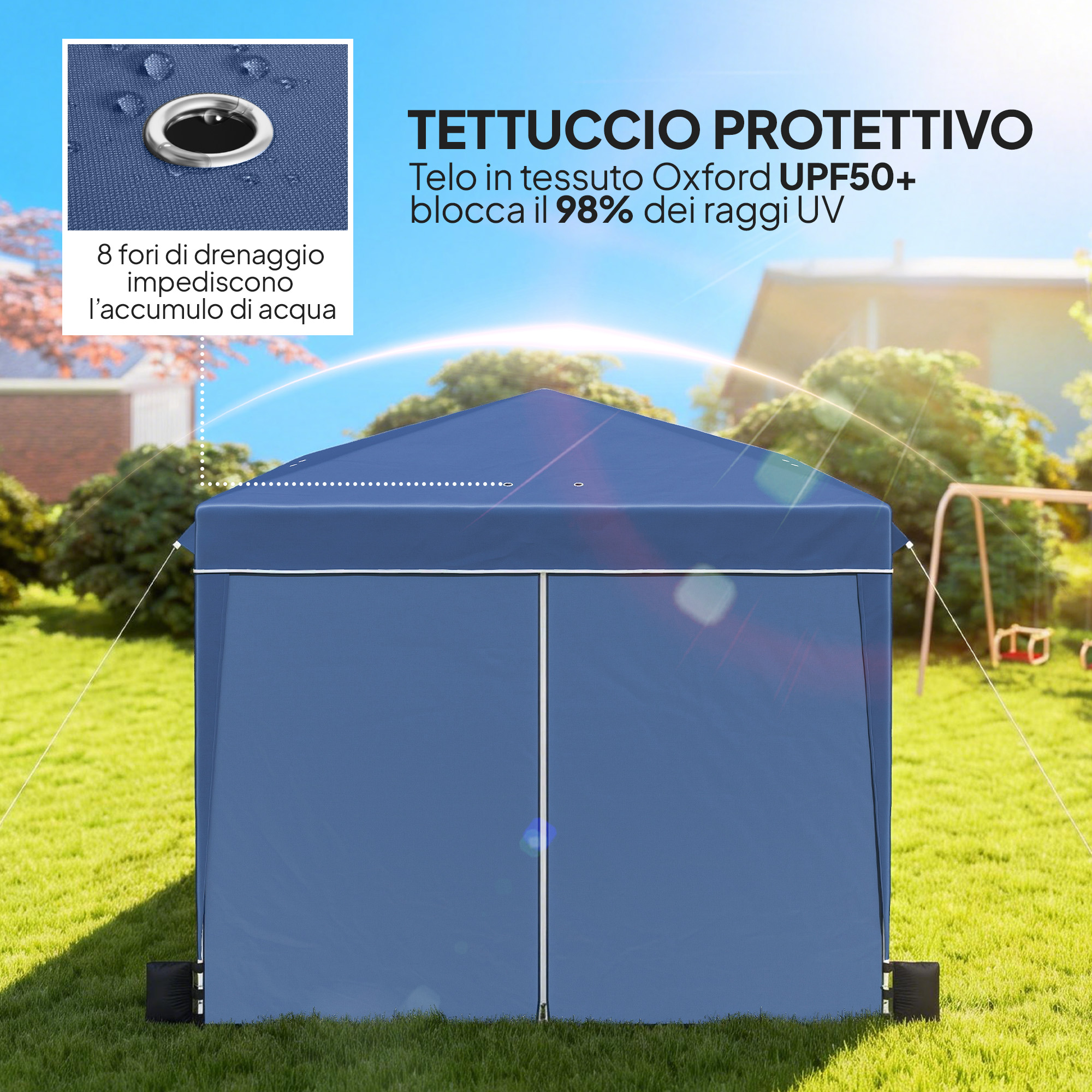 Una tenda blu è sull'erba verde con un arco celeste sopra.