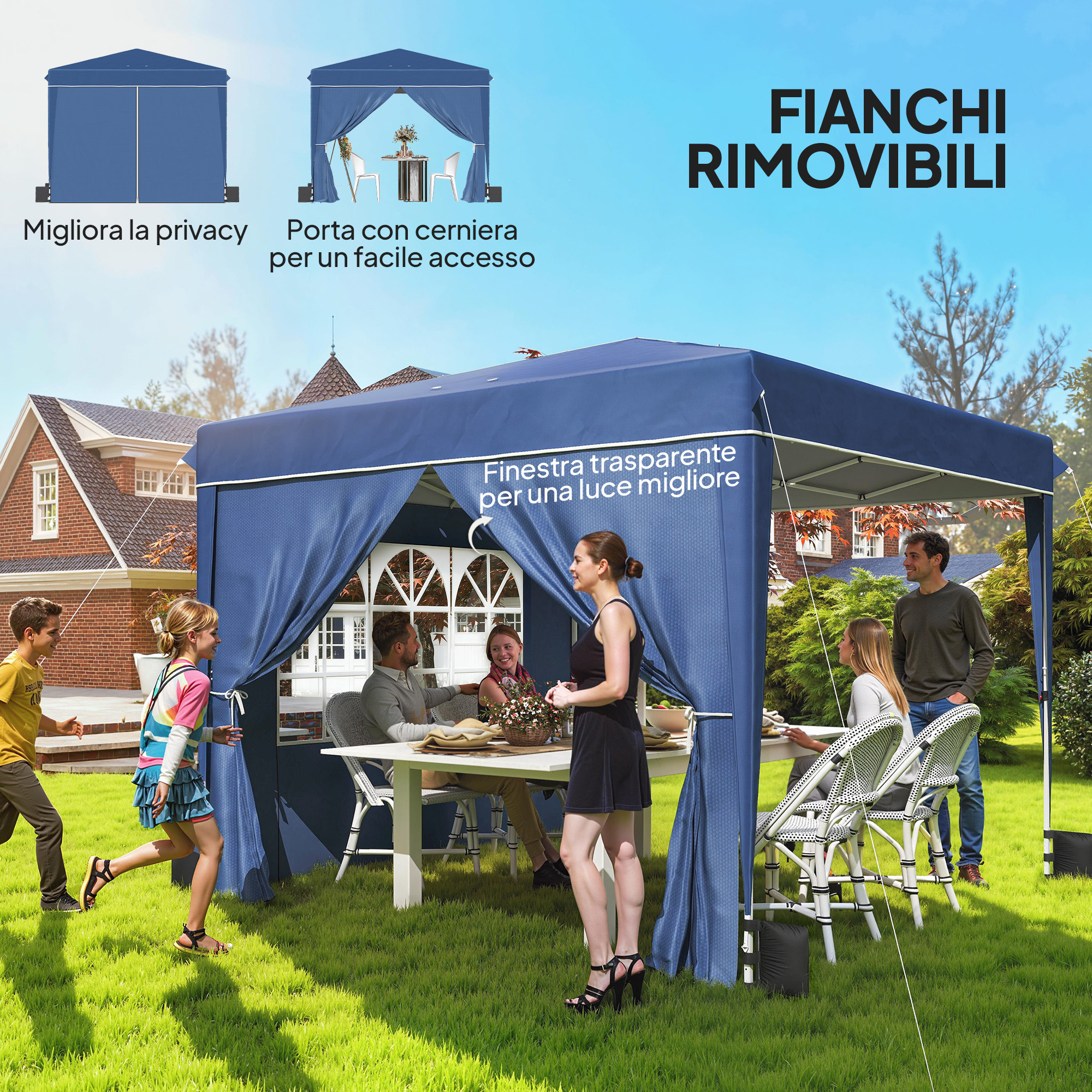 Persone mangiano sotto un gazebo blu in un giardino.