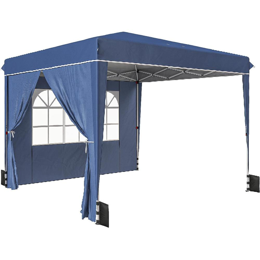 Una tenda pop-up blu scuro con finiture bianche e pannelli finestra.