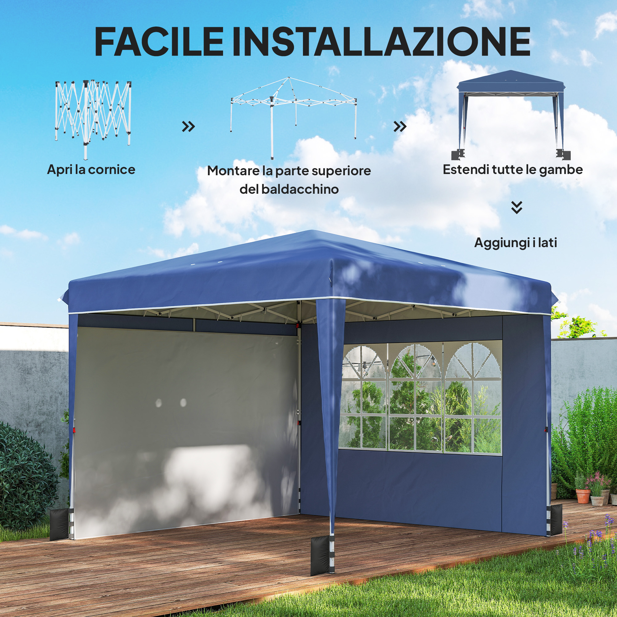 Istruzioni di montaggio per una tenda blu con finestre su una terrazza in legno.