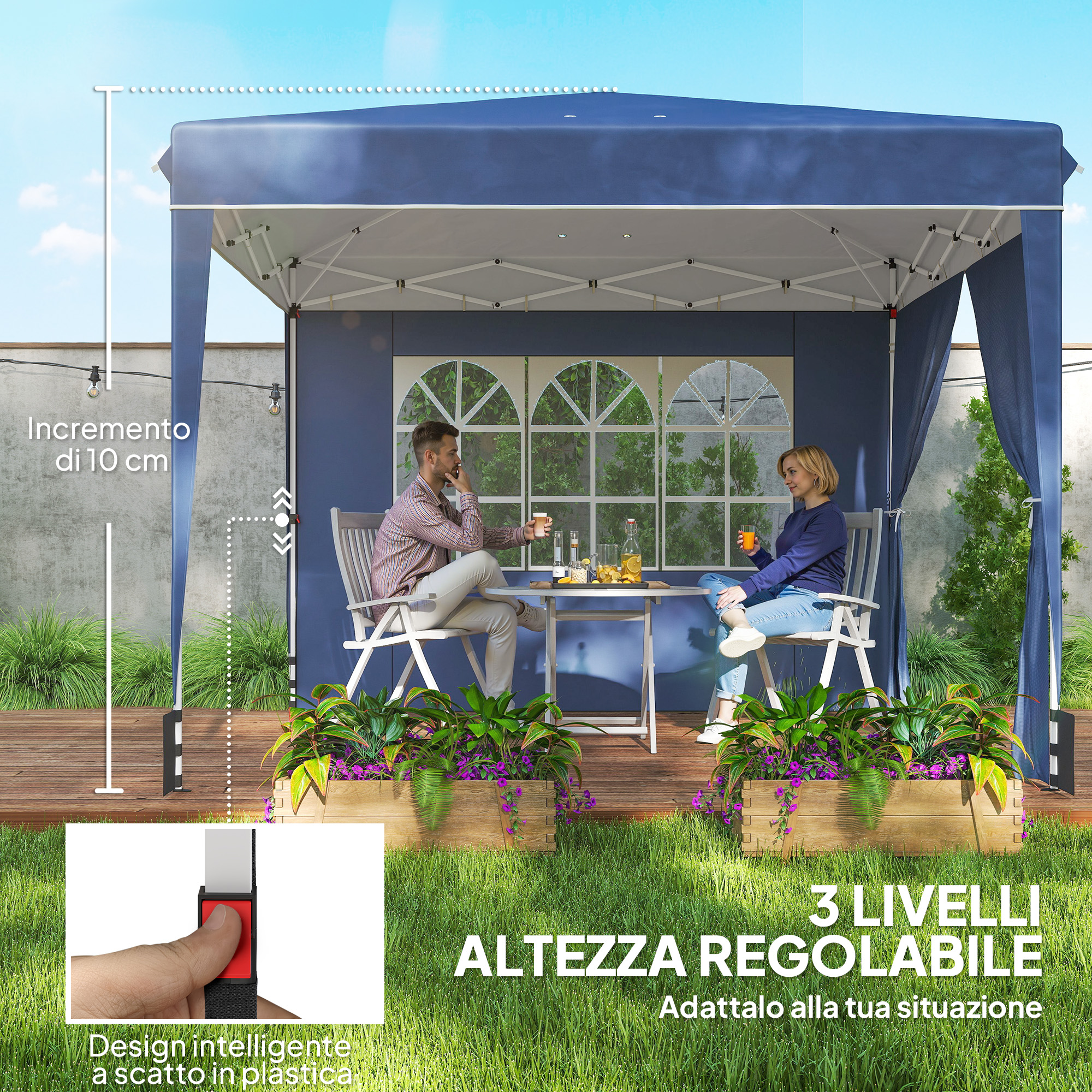 Un uomo e una donna siedono a un tavolo sotto un gazebo blu.