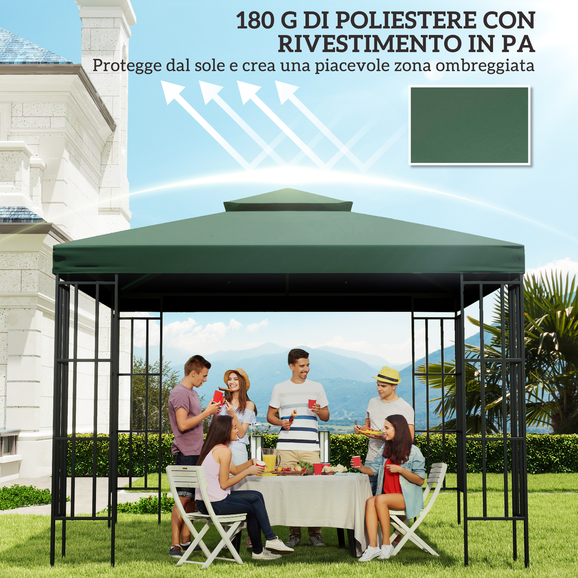Persone che fanno un picnic in giardino sotto un gazebo verde.