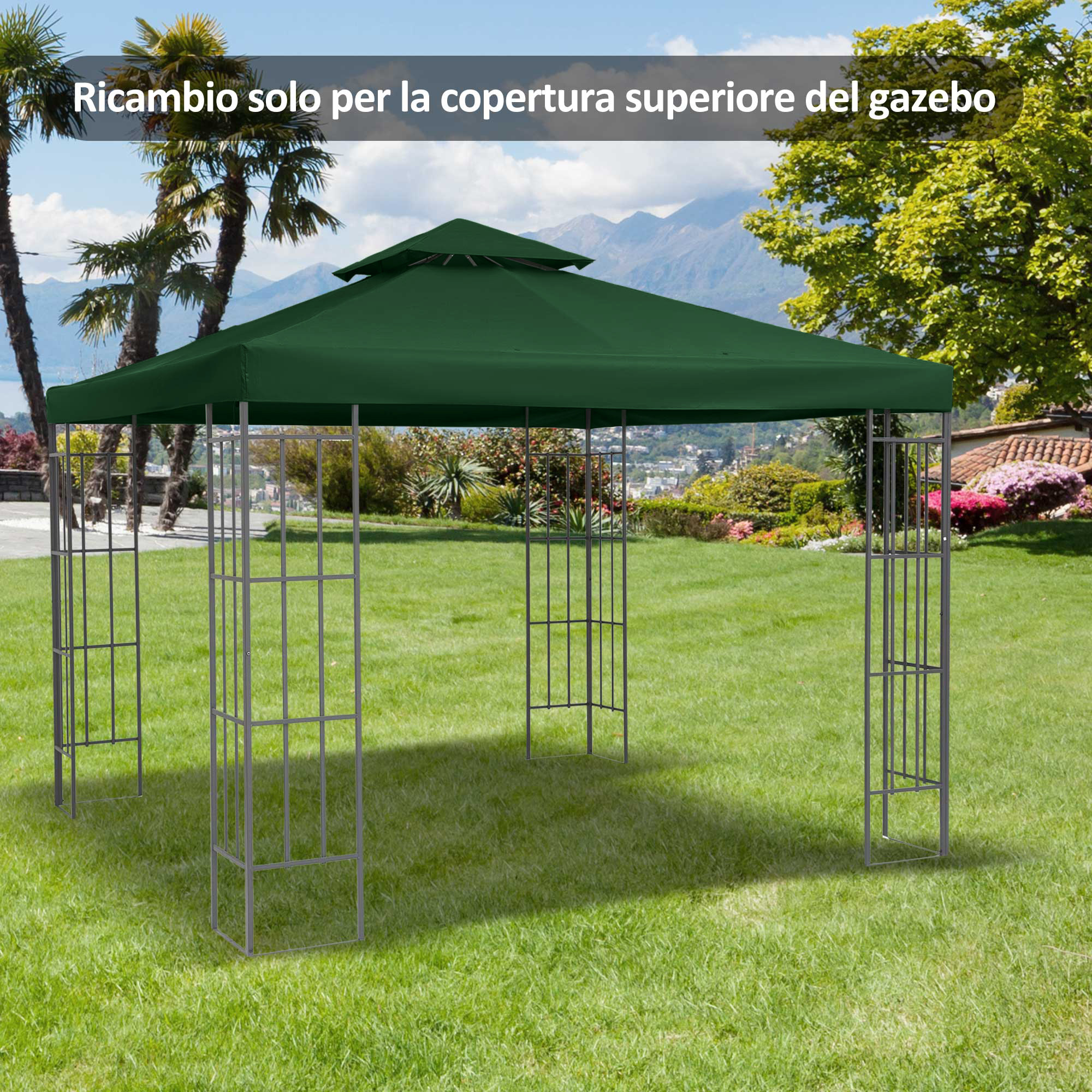 Una copertura verde per gazebo con telaio in metallo si trova su un prato con palme sullo sfondo.