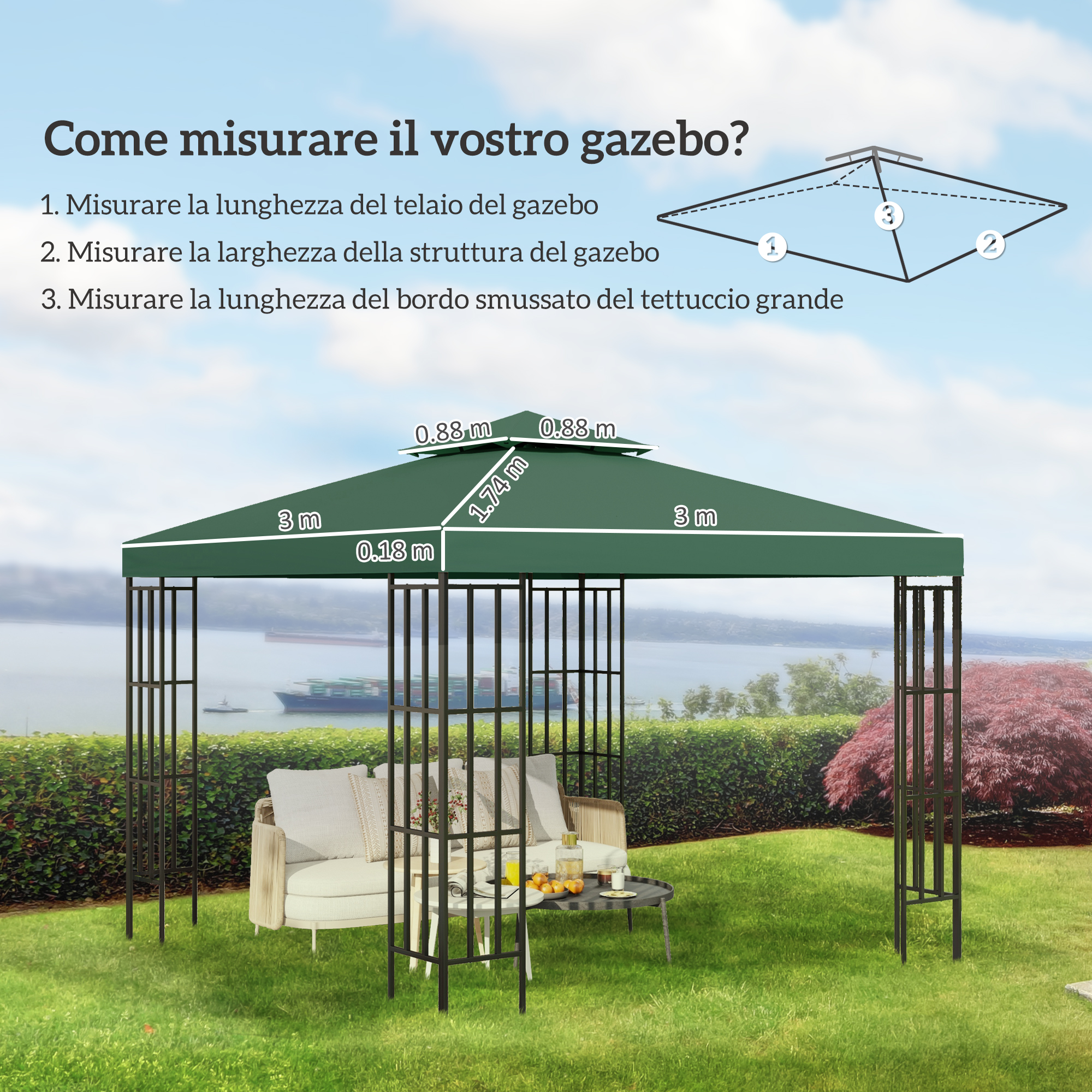 Gazebo verde con salotto e tavolino all'aperto, con misure.