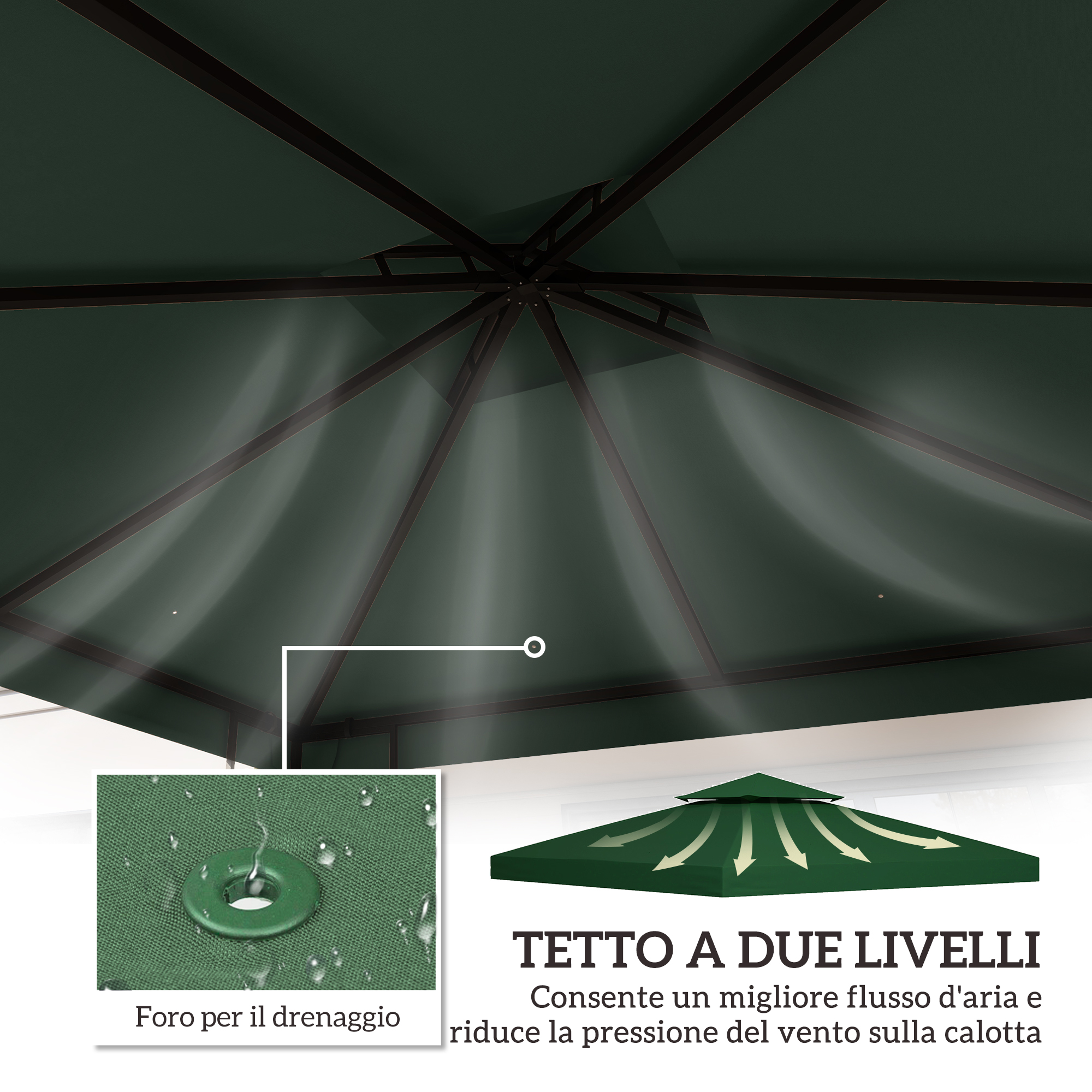 Tenda verde scuro con telaio in metallo, foro di drenaggio. Tetto a due livelli ventilato.