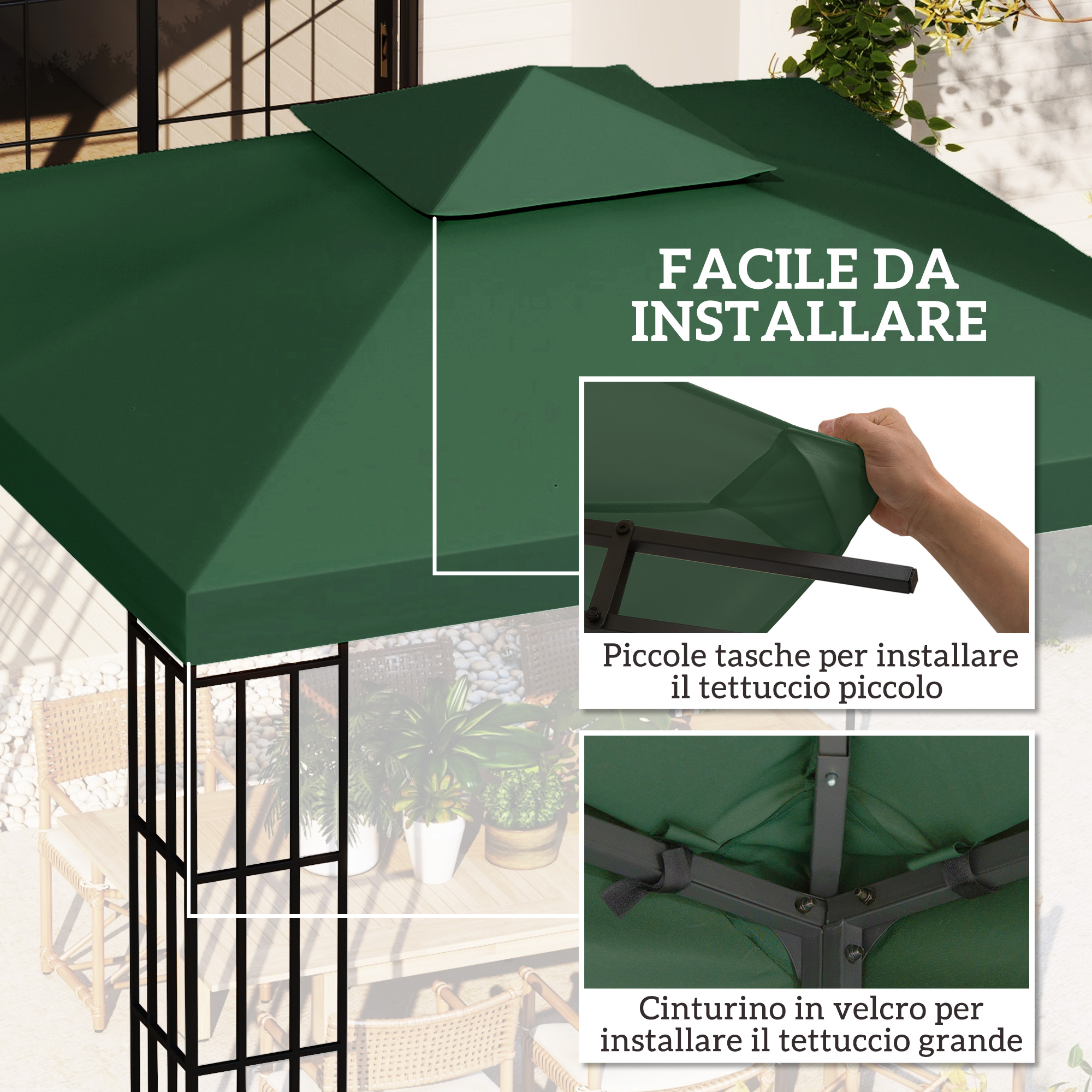 Tetto verde per gazebo con dettagli di installazione. Facile montaggio.