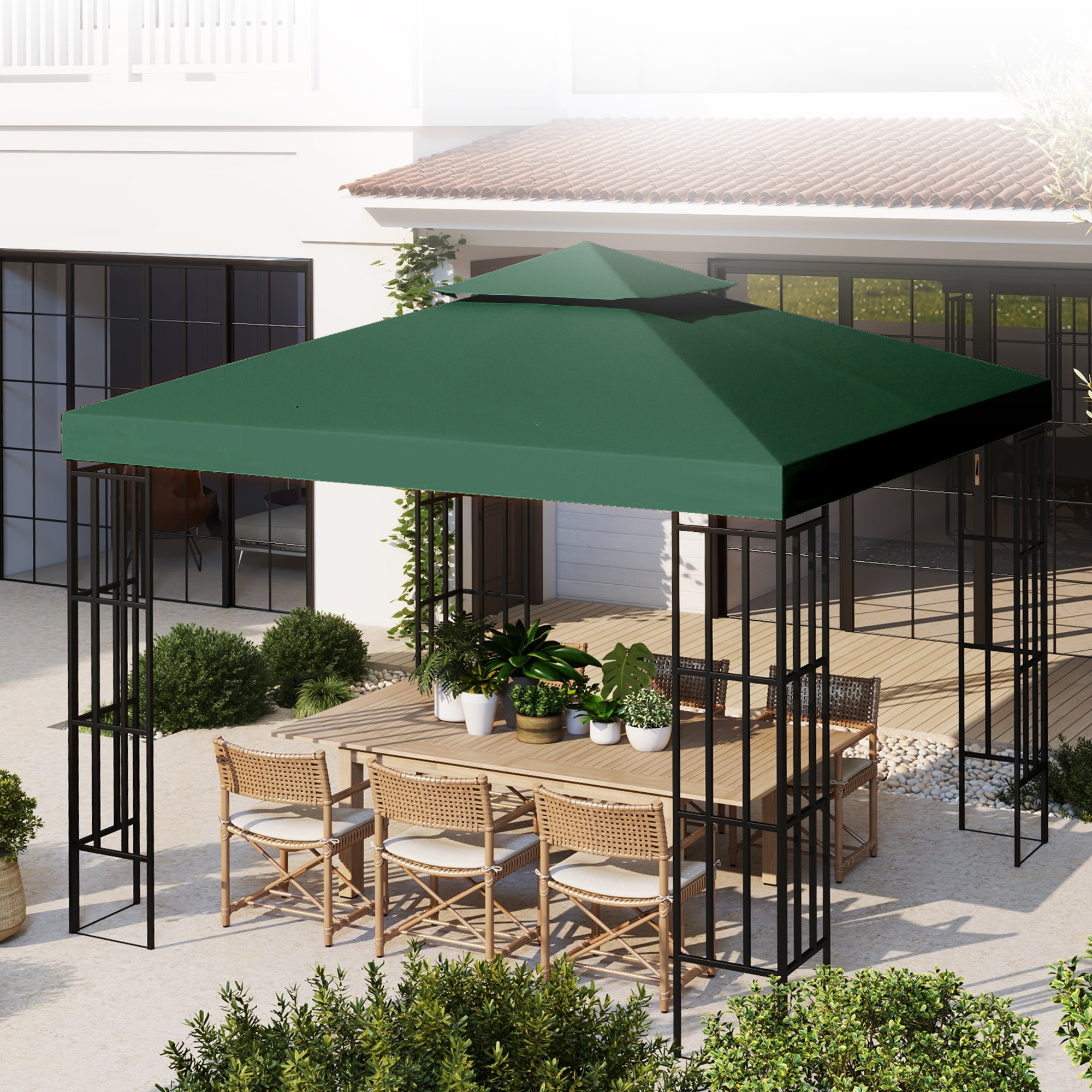 Una pergola verde con tavolo e sedie in un giardino.