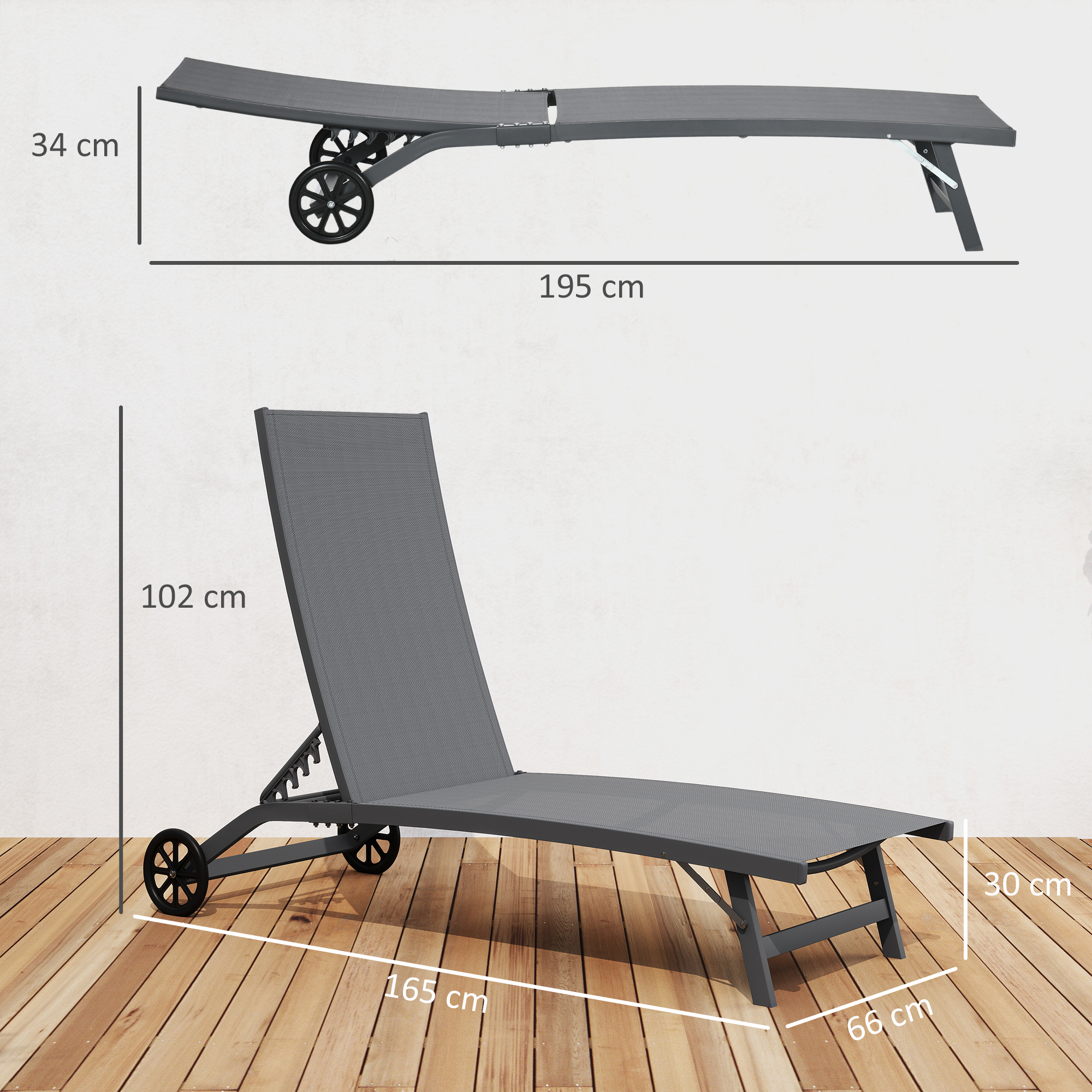 Lettino prendisole grigio con ruote su pedana in legno, dimensioni indicate.