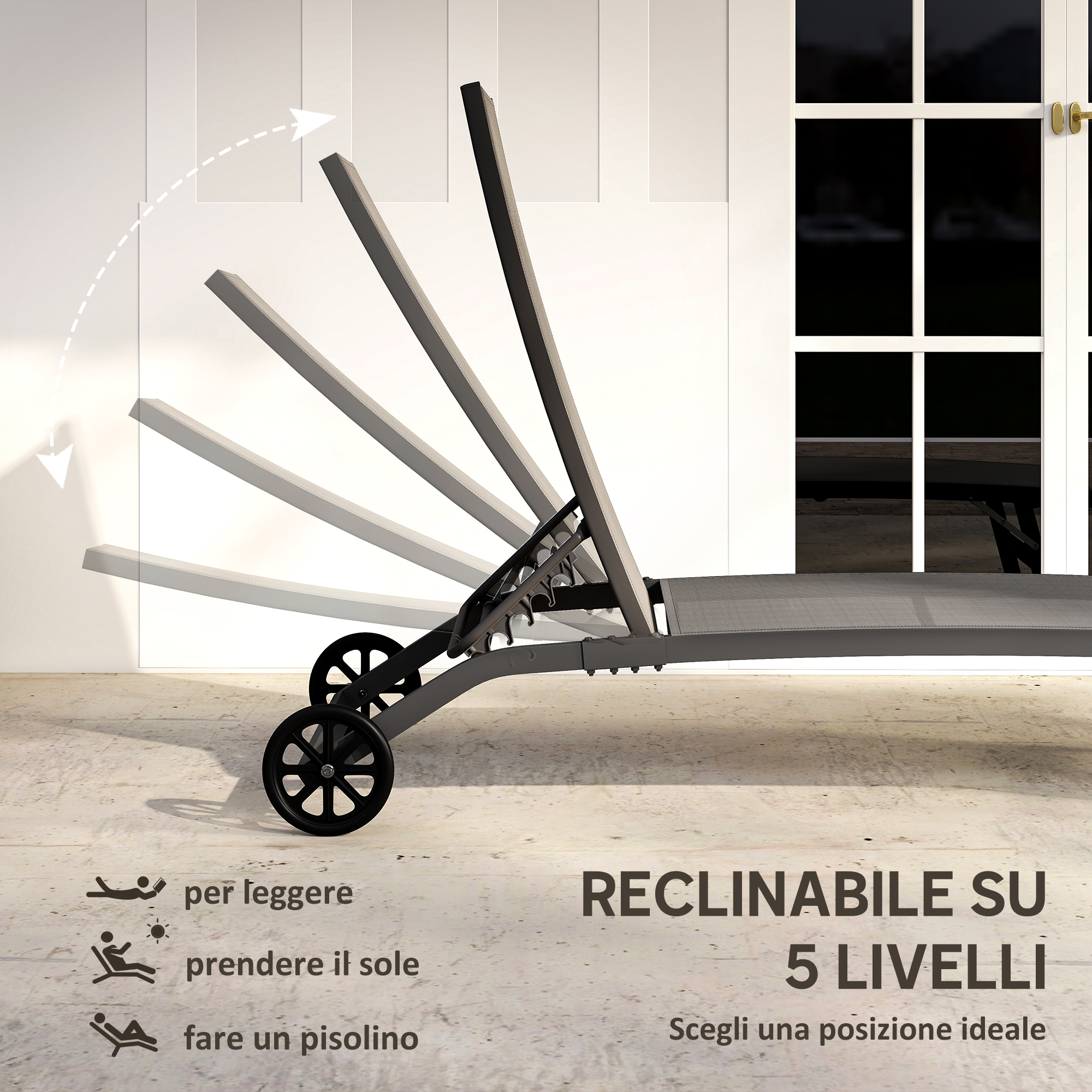 Sdraio grigio con ruote, reclinabile su 5 livelli.