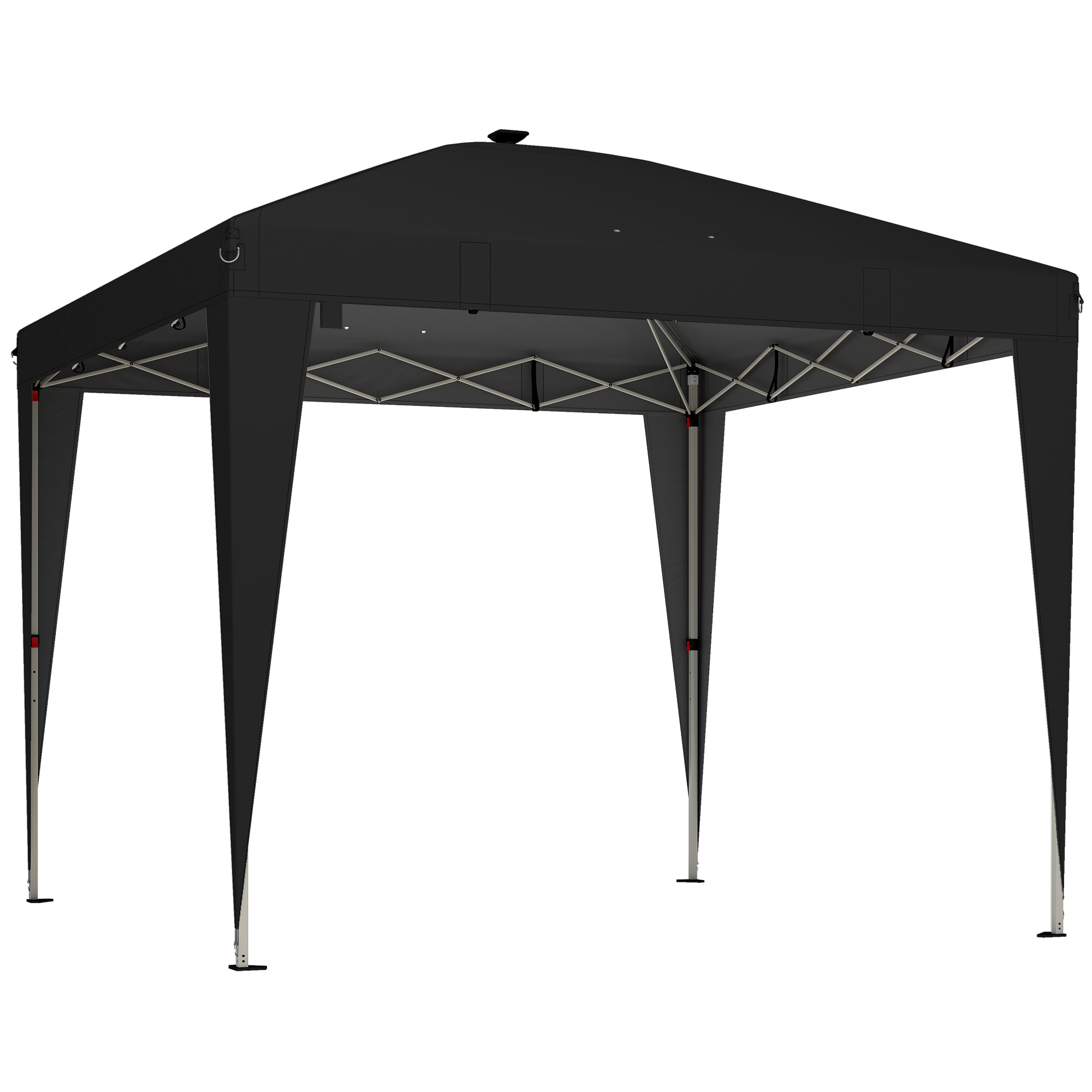 Una tenda a baldacchino nera con telaio in metallo e quattro gambe su sfondo bianco.