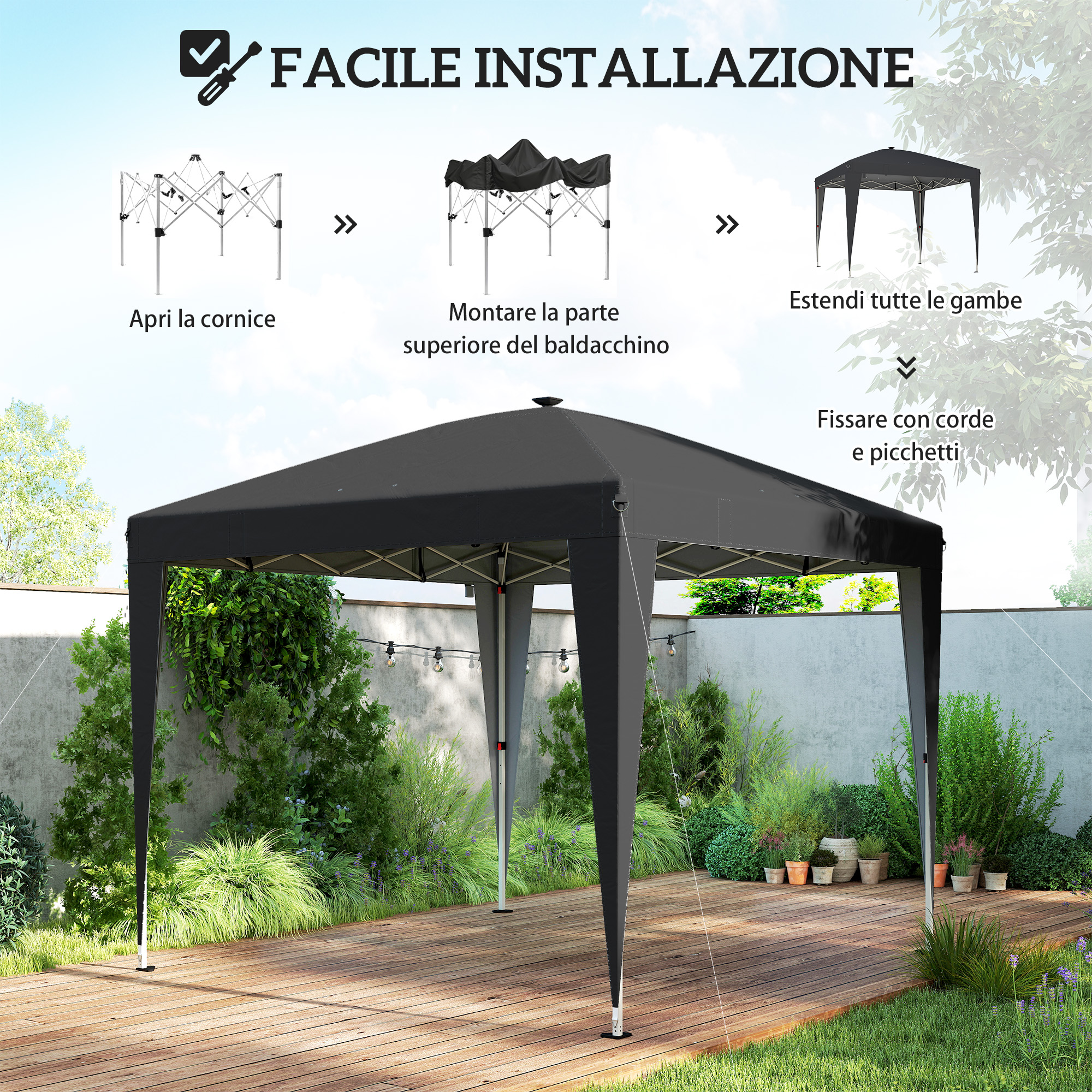 Gazebo nero su deck in legno, con istruzioni sopra.